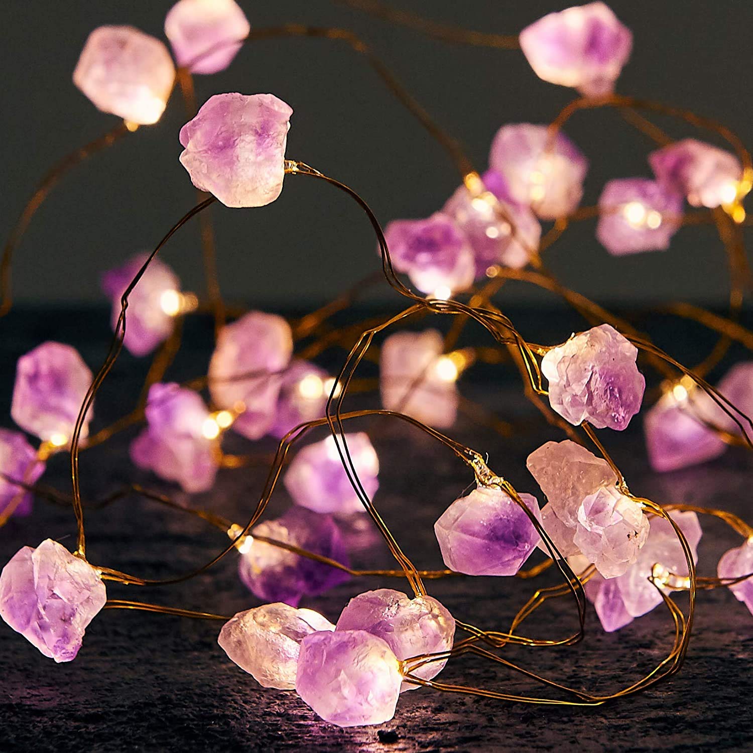 Nature Amethyst Crystal Fairy Led Light String 10ft 40 LEDs Battery Operated Lights with Remote for Bedroom Party Indoor Birthday Wedding Decor