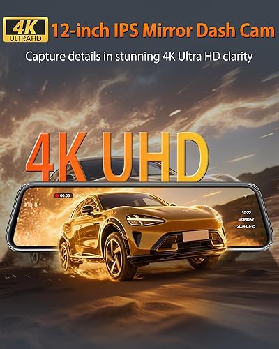 Miniatura 2 de Cámara de espejo WiFi de 12 pulgadas, cámara de espejo retrovisor 4K con cámara de respaldo mejorada, cámara de tablero frontal y trasera digital