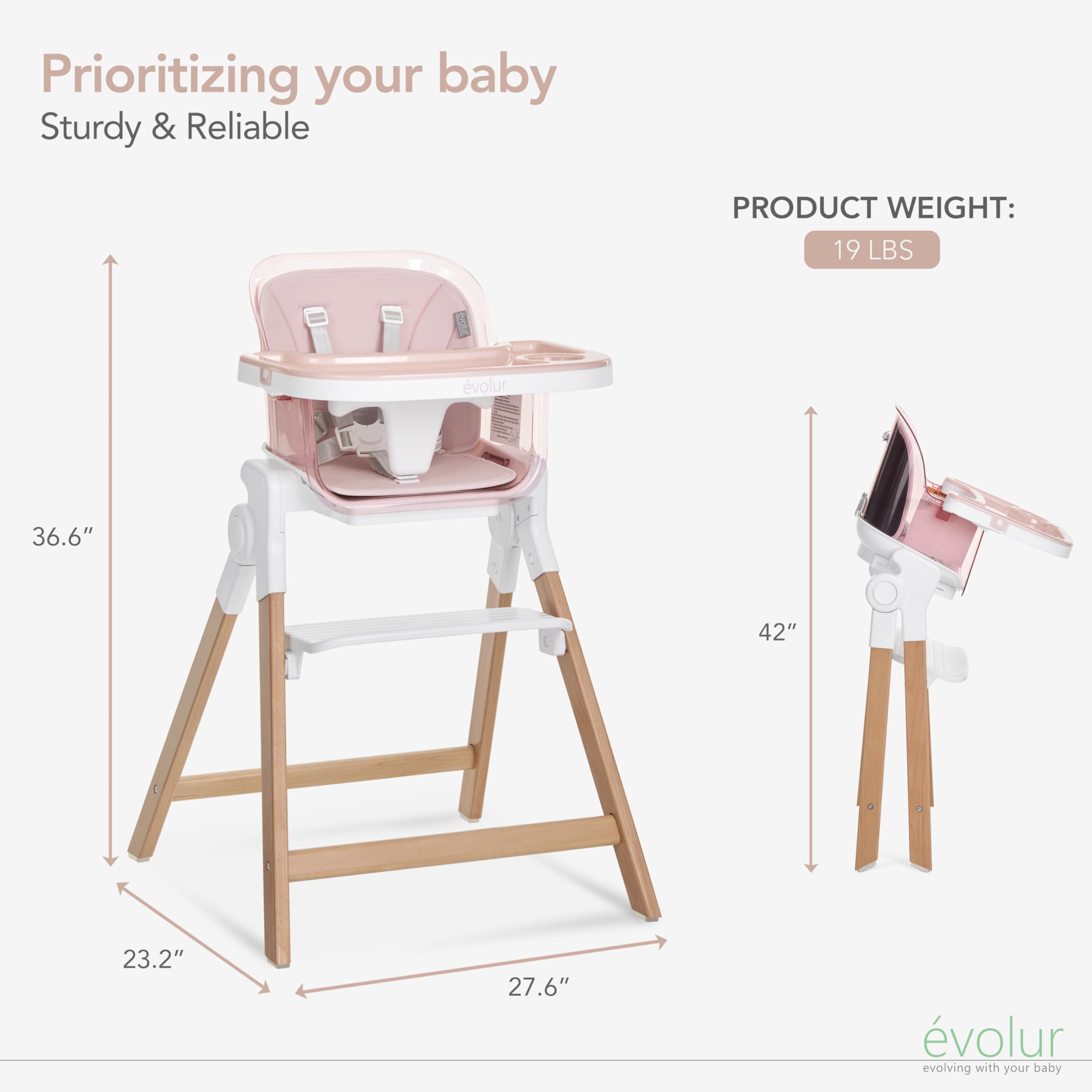 Evolur TinyThrone 2-in-1 Highchair in Grapefruit Pink, Baby High Chair Converts into Booster Seat & Adult Stool, Removable Tray and Easy to Clean