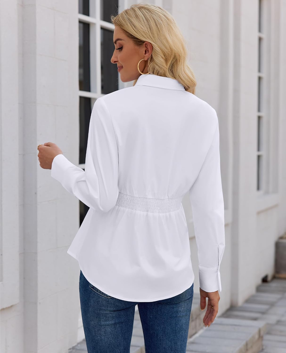 siliteelon Cinched Waist Tops for Women Fitted Button Down Collared Blouse image 3