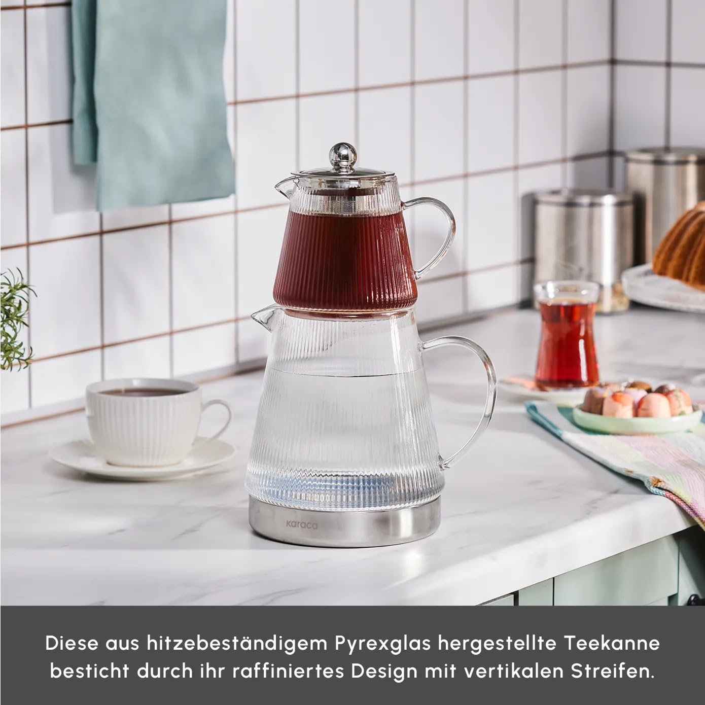 Karaca Keops Borosilikatglas Teekannen-Set mit Edelstahl-Teesieb, 1,5 L Kessel & 0,45 L Glas Teekanne mit Sieb, Turkish Tea Pot, Caydanlik, Türkischer Teebereiter für Kräutertee, losen Tee