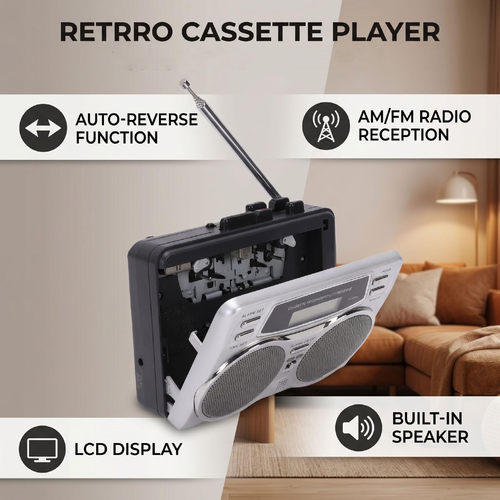 Bewinner Reproductor de Casete Retro con Grabadora de Cinta Inversa Automática con Radio Am FM | Cuerpo ABS, grabadora portátil, escucha en casa y al aire libre, pantalla LCD, uso de auriculares