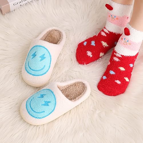 Miniatura 3 de Pantuflas Retro con Rayo y Cara Sonriente, de Felpa Suave, Cómodas y Cálidas, de Forro Polar para Mujer