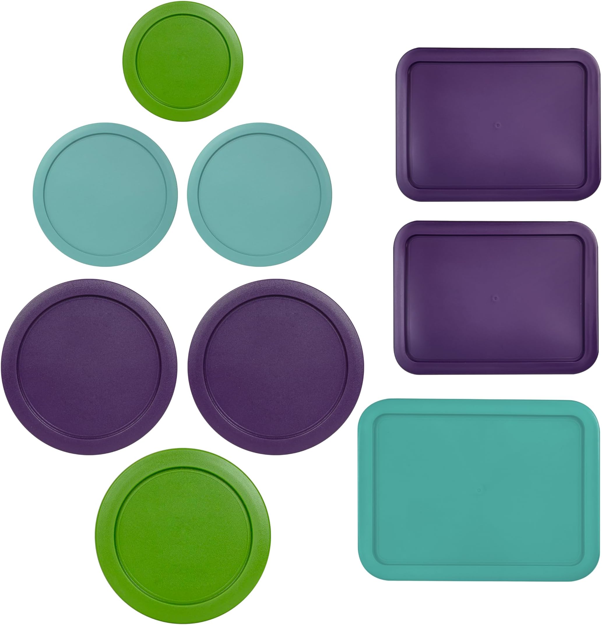 Replacement Lids for Pyrex Containers (1) 1-Cup Green (2) 2-Cup Turqoise (2) 4-Cup Purple (1) 7-Cup Green (2) 3-Cup Purple (1) 6-Cup Turqoise Round Rectangle