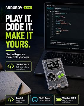 Arduboy FX-C Programmable Open Source 8-Bit Retro Handheld Game Console - 300+ Preloaded Classic Games, STEM Coding Board, USB-C Multiplayer, Credit Card Size Pocket Retro Gaming Device