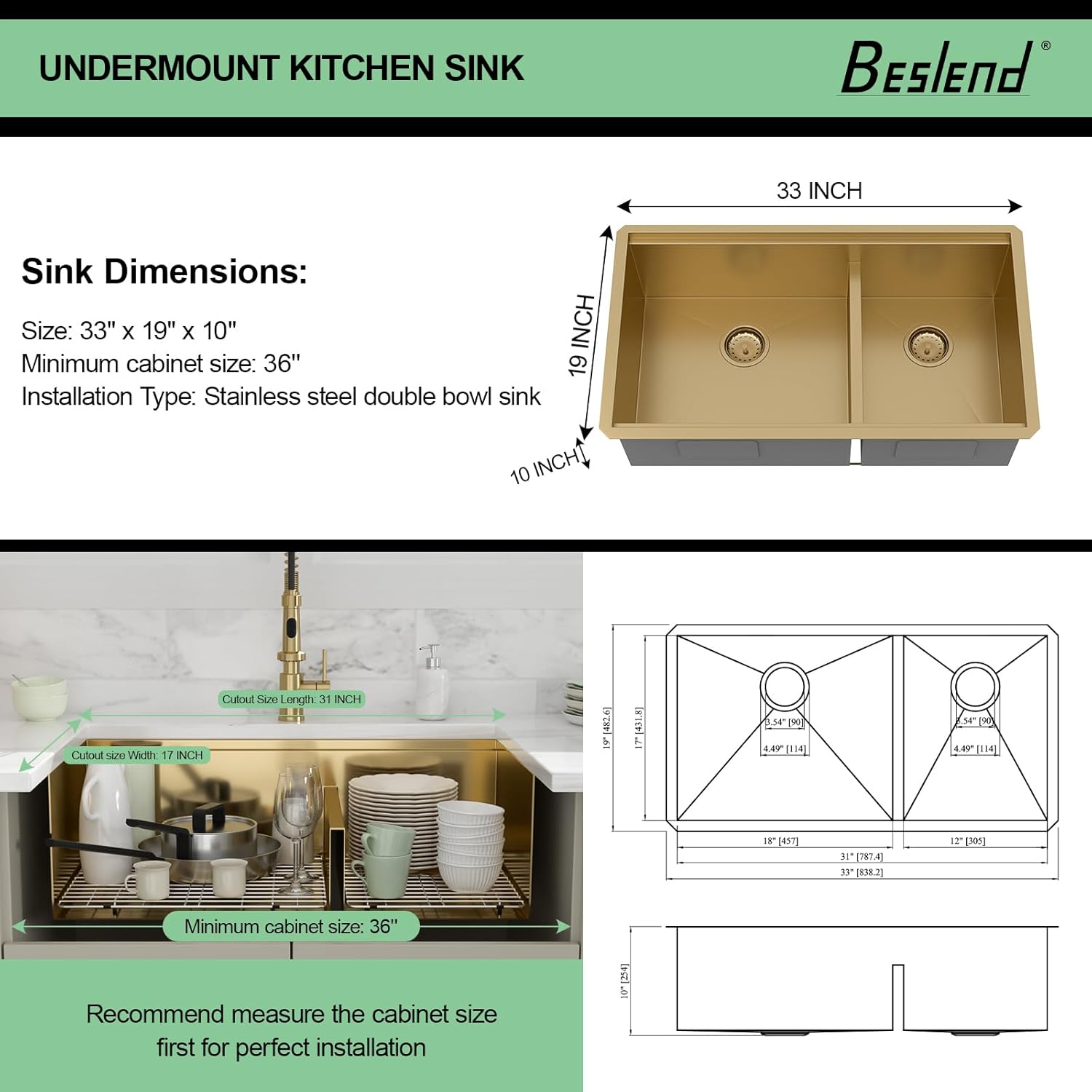33 Gold Undermount Kitchen Sink - Beslend 33x19 Gold Double Bowl Kitchen Sinks Workstation 16 Gauge Stainless Steel Golden Sink Low Divide Double Basin 60/40