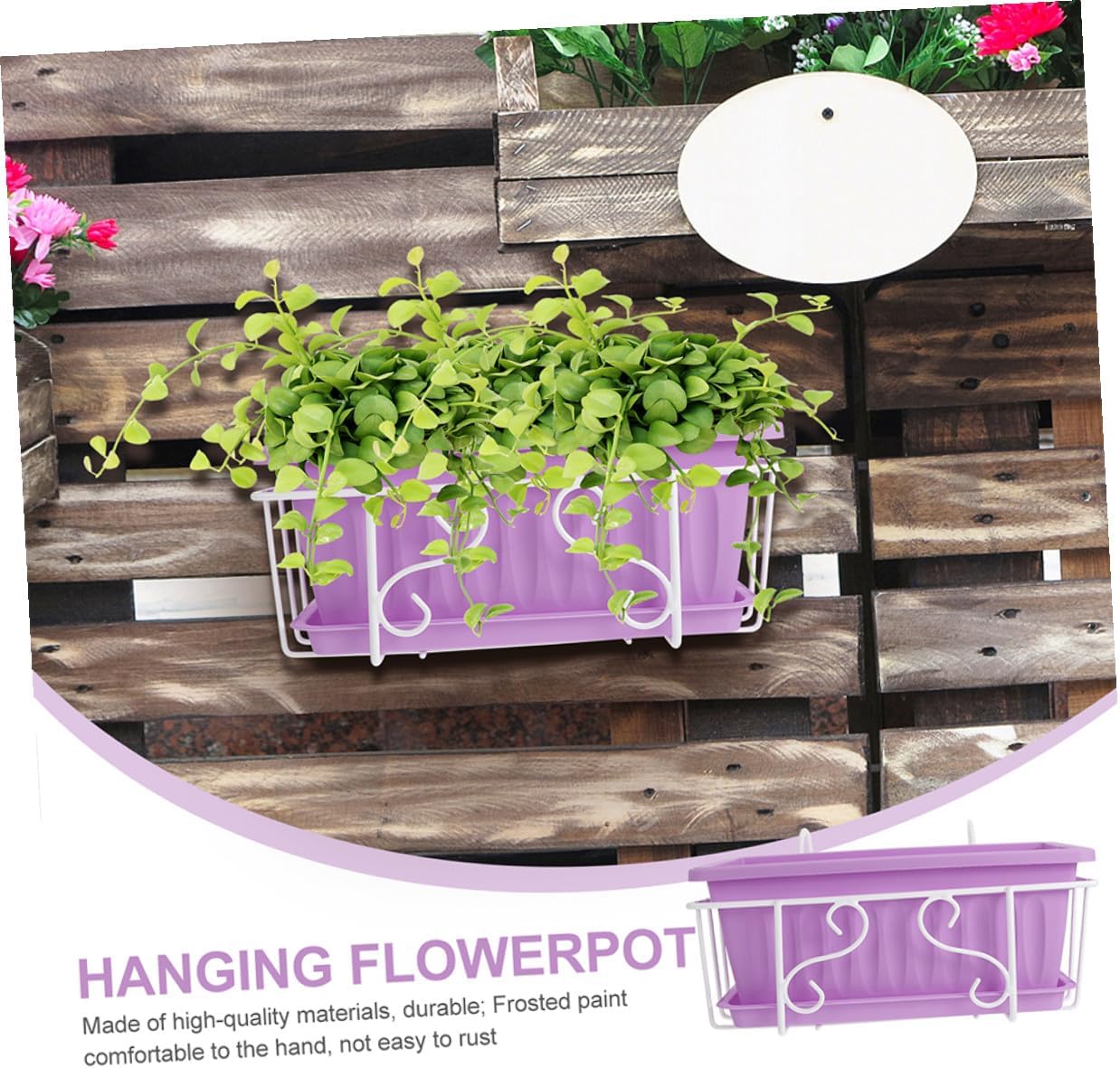 Rectangular Hanging Planter Box for Vegetable Growing with White Iron Frame and Tray, Medium Purple Garden Flower Pot for Balcony and Railing Gardening