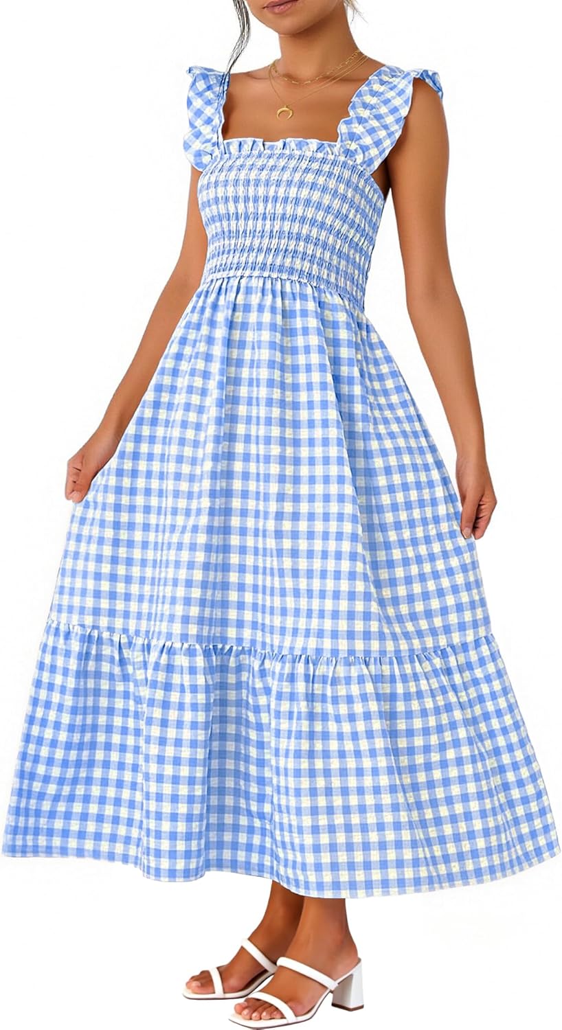 Caracilia Womens Summer Casual Maxi Dress Ruffle Spaghetti Strap Gingham Smocked Long Dresses 2026 Spring Vacation Sundress