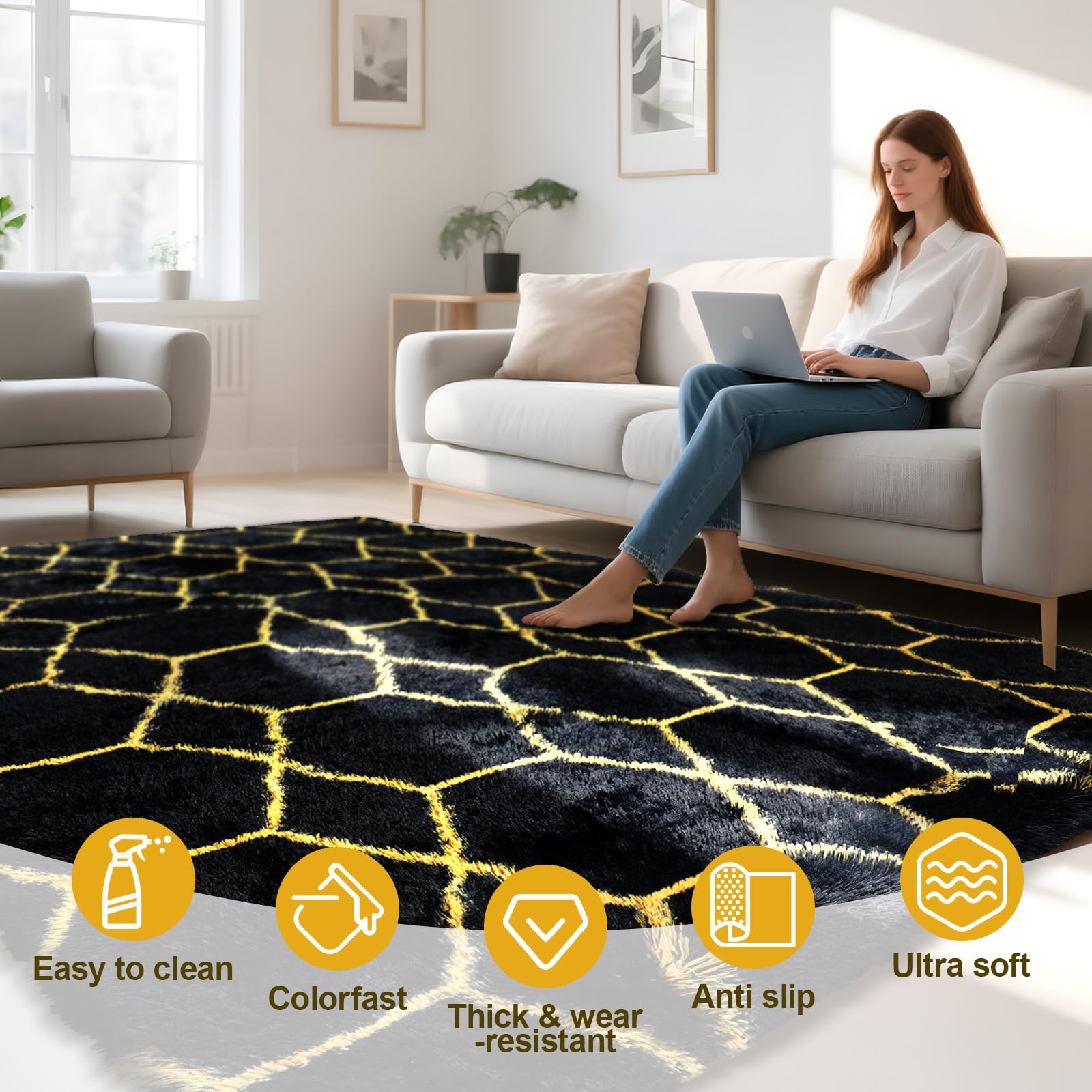 Untimaty Geometric Rugs Living Room-120x180cm Extra Large Black Rug - Image 3