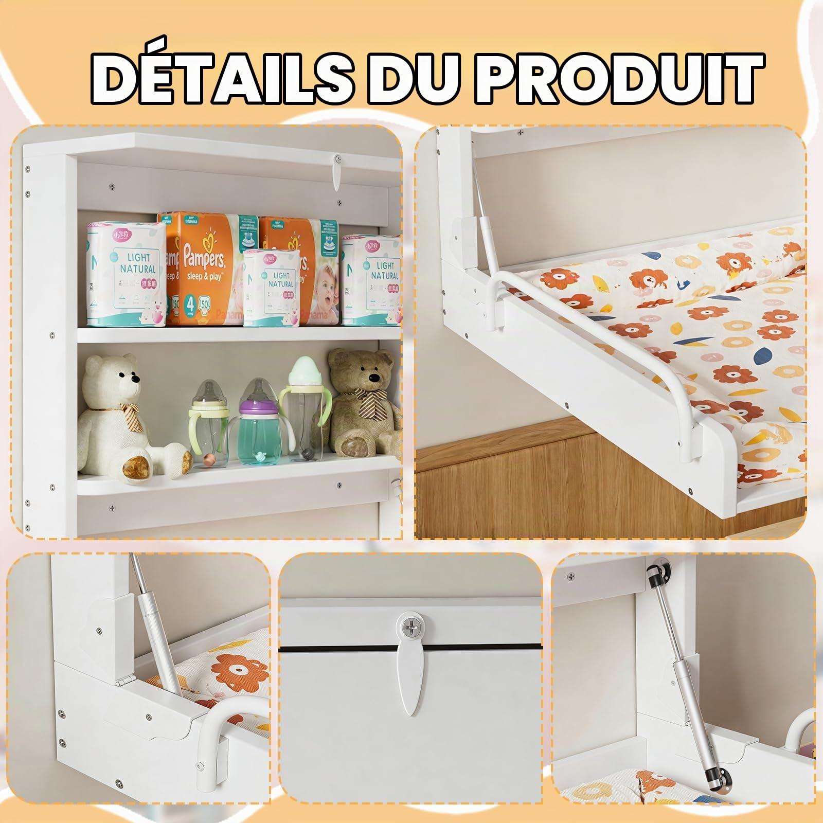 MSFE Table a Langer Bebe Table à Langer Murale Pliable en Bois, Commode a Langer Poupée - Ultra Compacte avec 2 Étagères Pratiques - Peu Encombrante - Supporte Jusqu'à 15 kg, Blanc