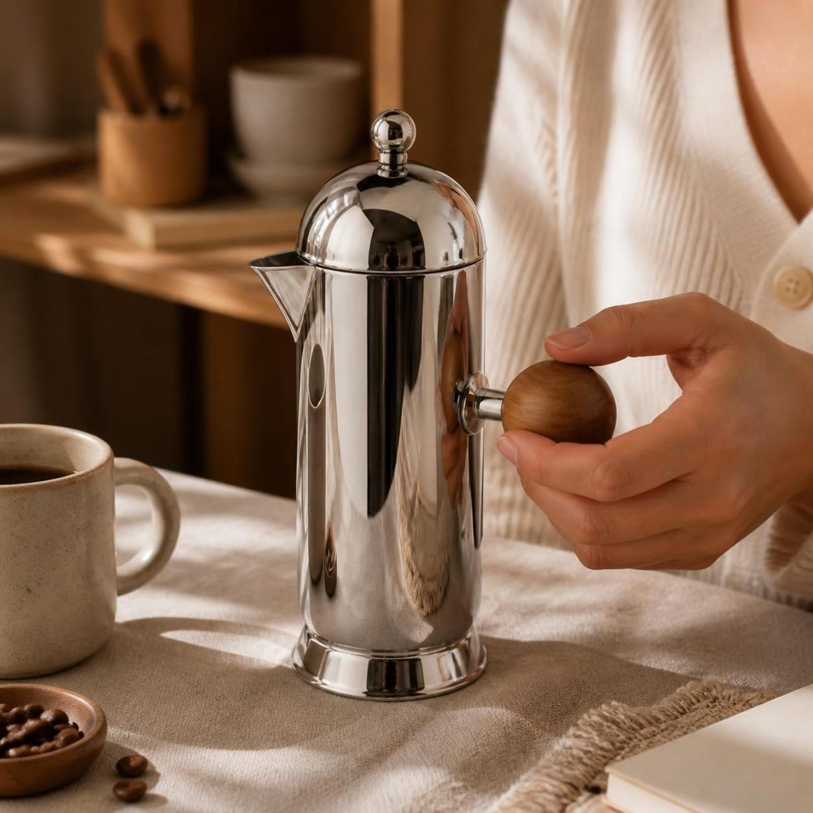 Milageto Cafetera Émbolo Francesa | Acabado Espejo, Cafetera émbolo con Mango Madera, Compacta, para Oficina, L