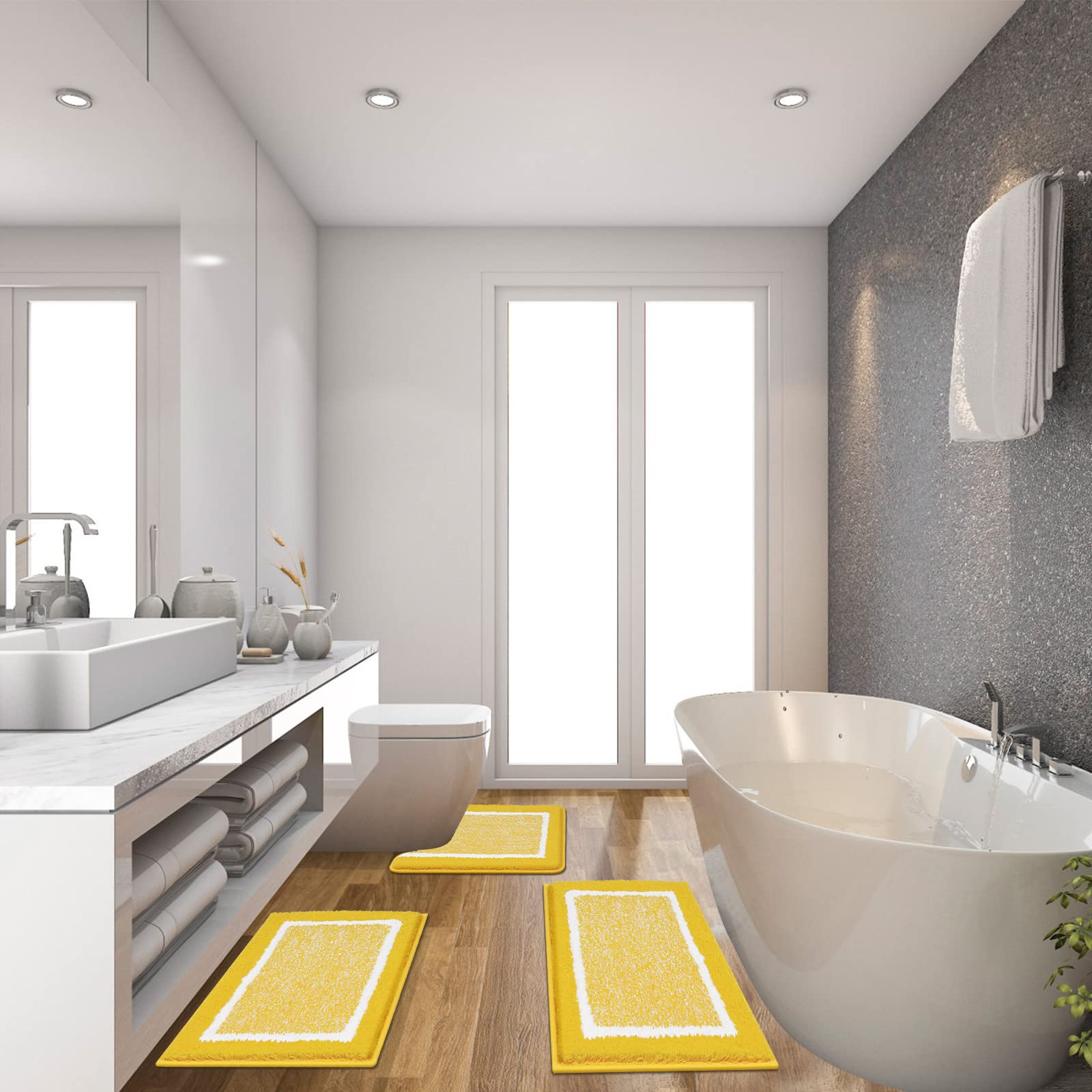 Pauwer Set di 3 tappeti da bagno per doccia con profilo a U Tappetino per WC assorbente in microfibra morbido tappetino da bagno antiscivolo lavabile in lavatrice Shaggy tappetino da bagno, giallo