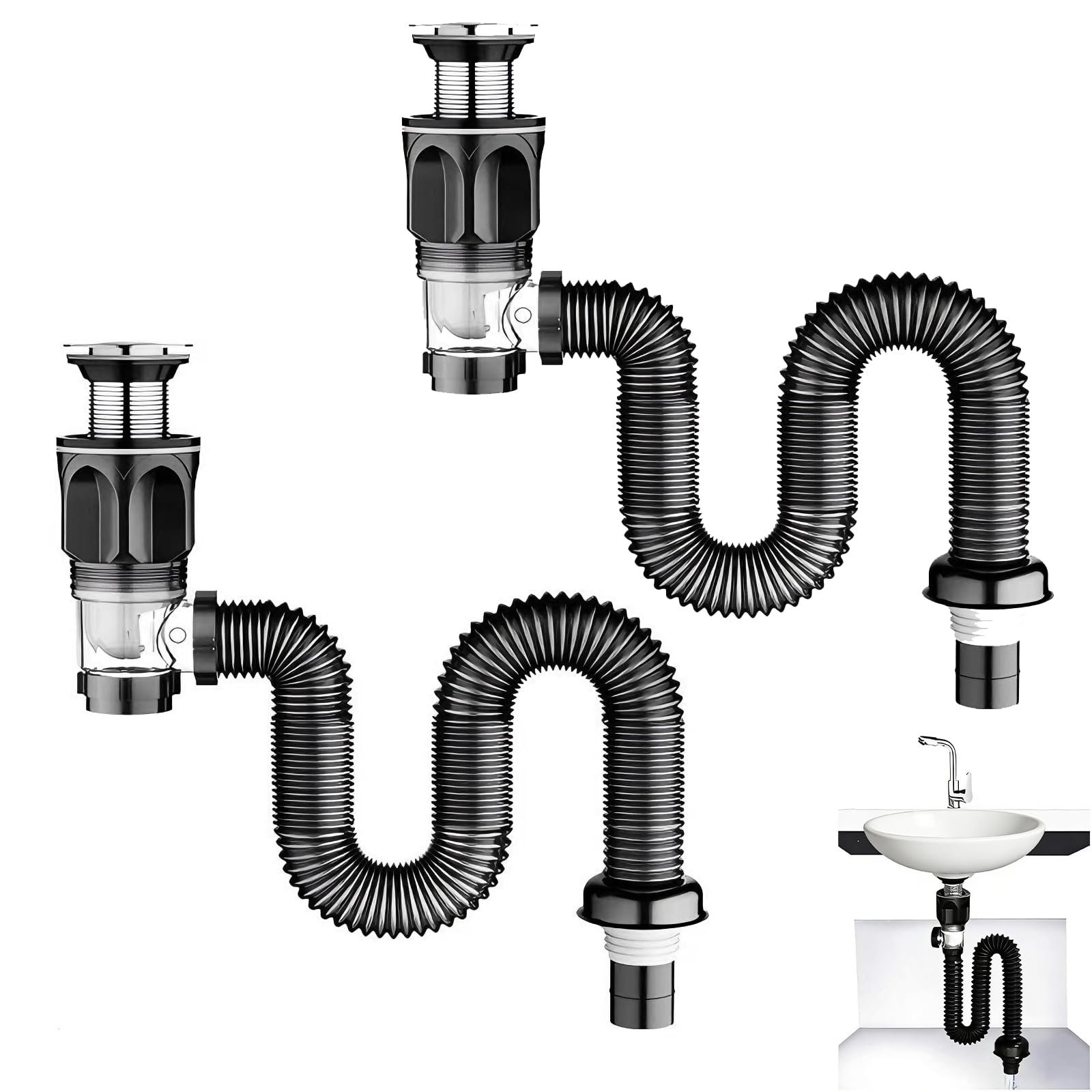 2 Pcs Sink Waste Kit, Bathroom Sink Waste, Pop Up Basinwaste with Flexible Drain Down Hose, Universal Washbasin Drainer for Bath Wash Basin Kitchen - Black