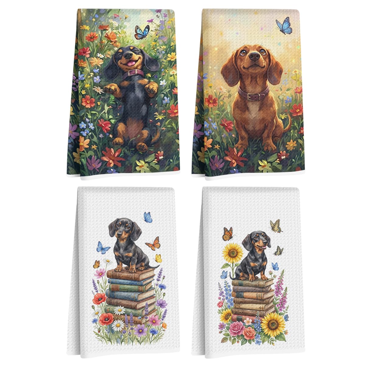 4 Pcs Cute Dachshund Kitchen Towels, Floral Reusable Dish Towels