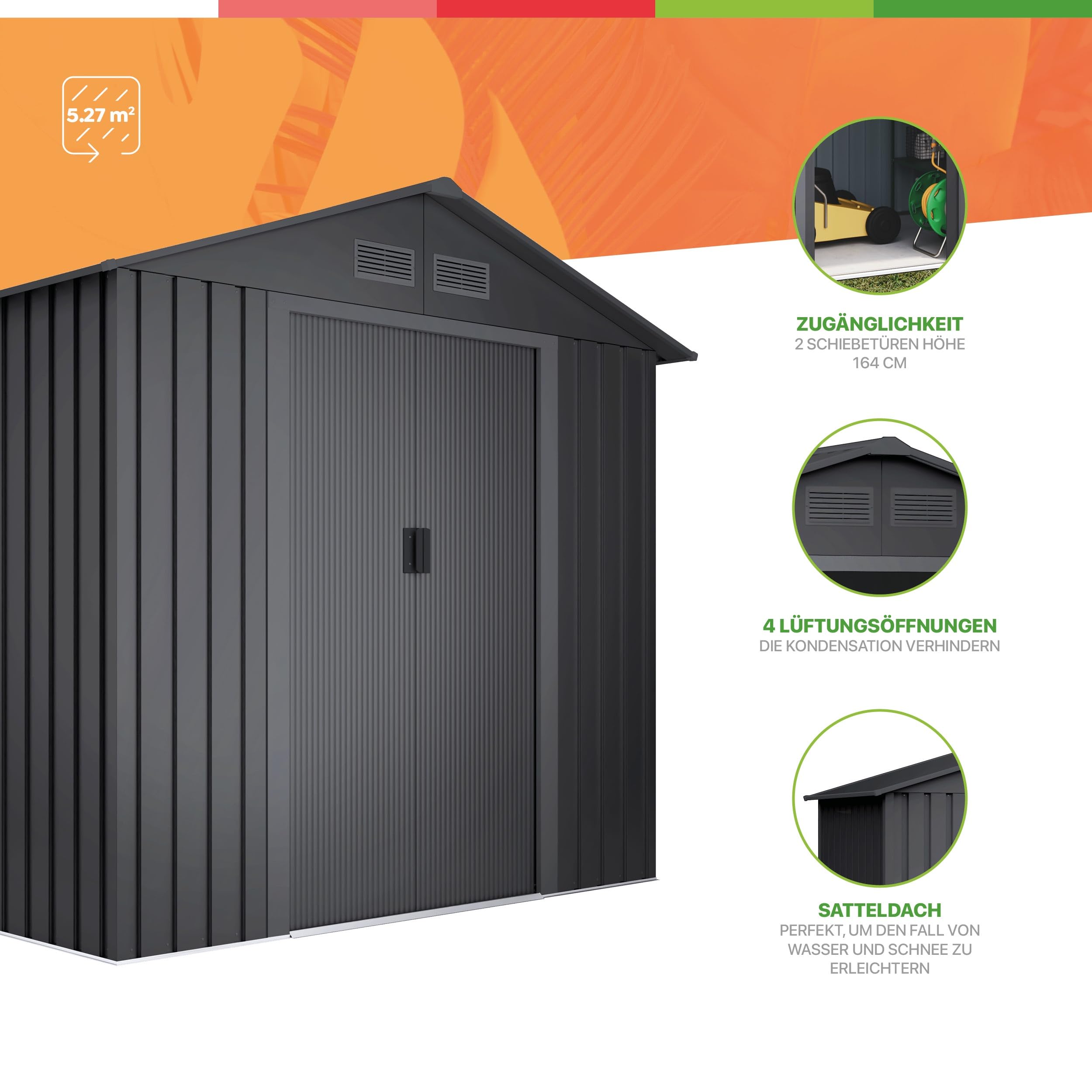 Wasabi - Casetta di Giardino in Metallo 5,27m2 Light Anthracite – 261x202x202cm - 4 Griglie Anticondensa - Porta Scorrevole Doppia – Tetto a Due Spioventi - Capanno di Metallo per Stoccaggio Esterno