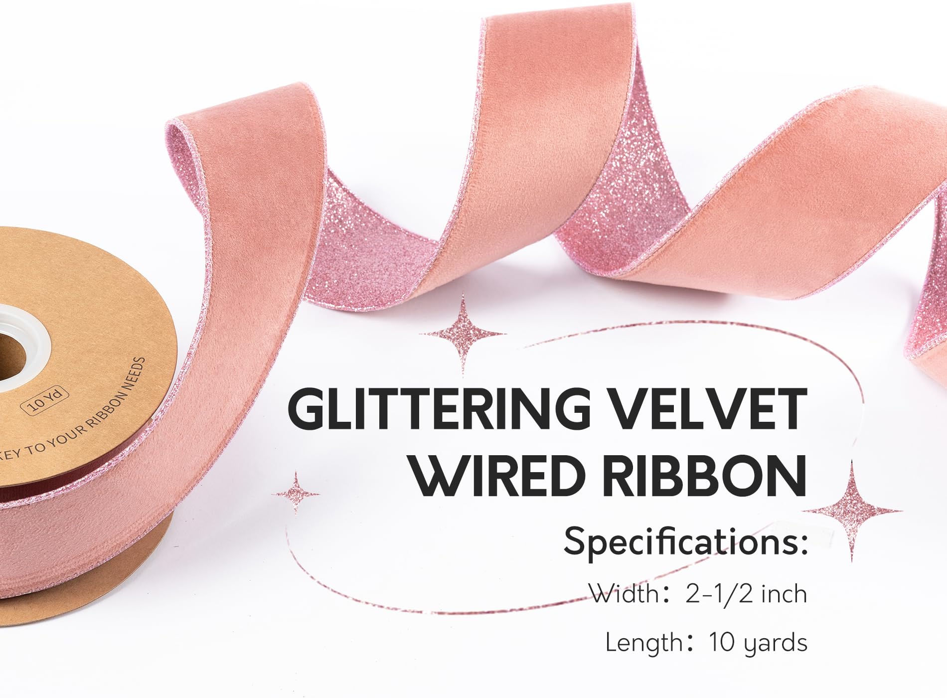 Keypan Pink Velvet Ribbon for Christmas Tree Wired Ribbons 2-1/2 Inch Wide for Decoration Wreath Home Decor Gift Wrapping with Metallic Glitter 10 Yards