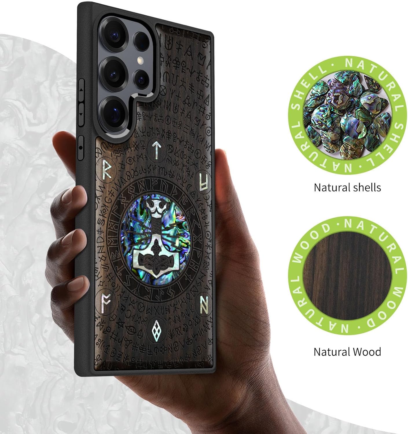 Carveit Magnetic Wooden Case for Samsung Galaxy S25 Ultra Case, Wood Artisan Engraved & Handmade Shell Inlaid, Compatible with MagSafe Wireless Chargers (Thors Hammer) Blackwood