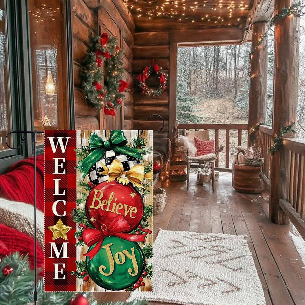 Welcome Christmas Ornaments Garden Flag 12x18 Double-Sided Burlap with Holiday Decorations and "Believe" "Joy" Ornaments Perfect for Winter Decor - Image 5