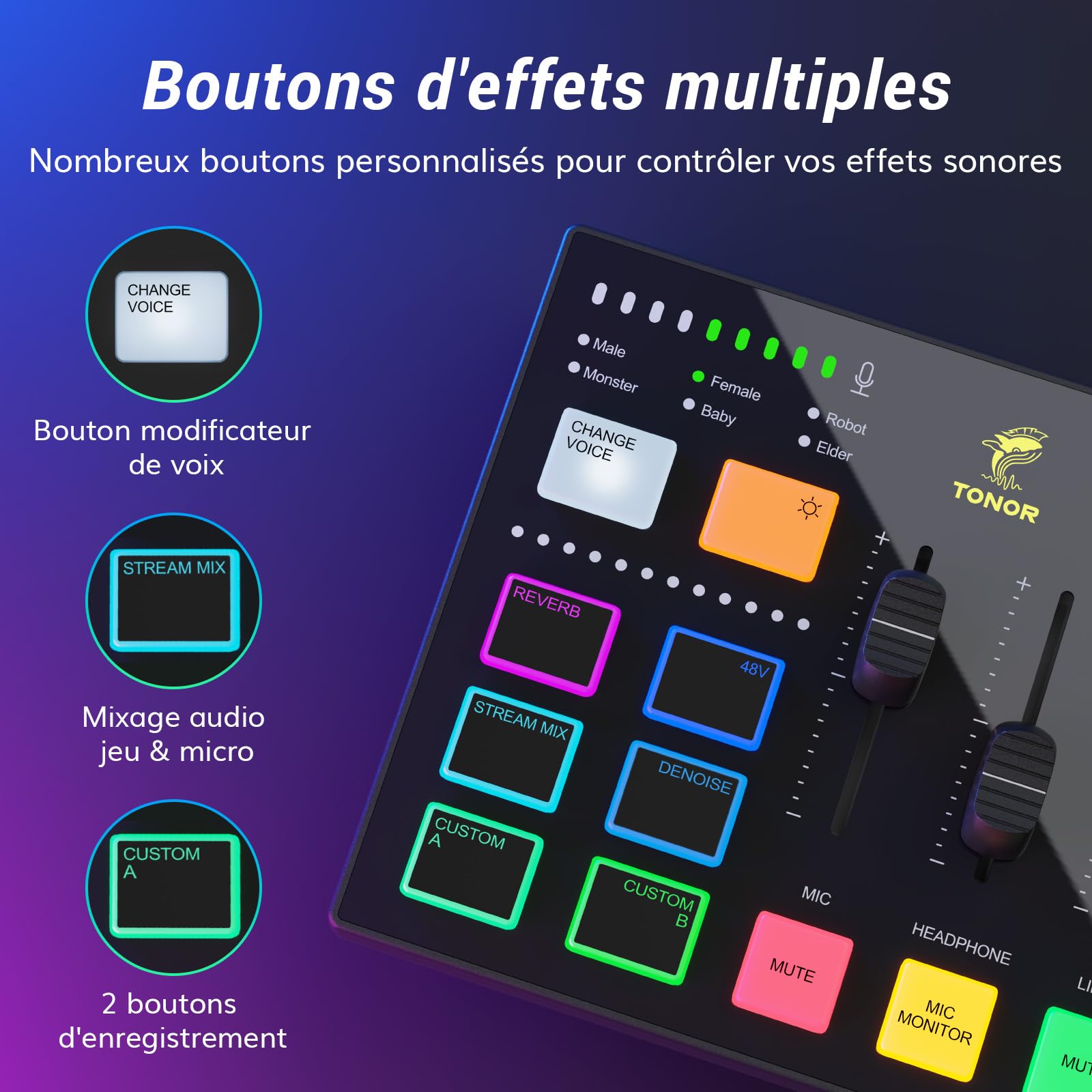 TONOR Gaming Audio Mixer PC, RGB Mixer avec Canaux XLR et 6,35 mm pour Streaming, Podcast, l'enregistrement, Interface Audio pour TikTok, YouTube, Contrôle Individuel du Volume, Bouton de Sourdine