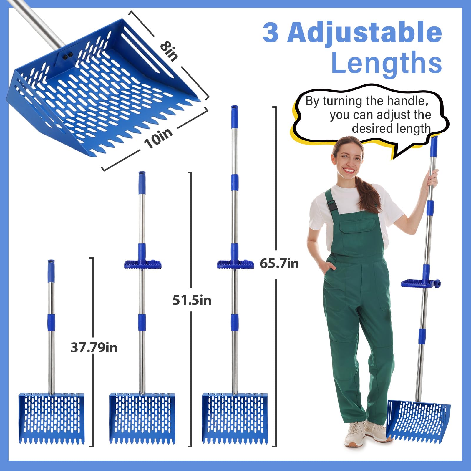 Szufelka i grabie 2 w 1, łopatka do przesiewania piasku 25 cm, z regulowanym uchwytem ze stali nierdzewnej od 94 cm do 165 cm, narzędzia do czyszczenia ściółki z rękawiczkami do kurników, zwierząt