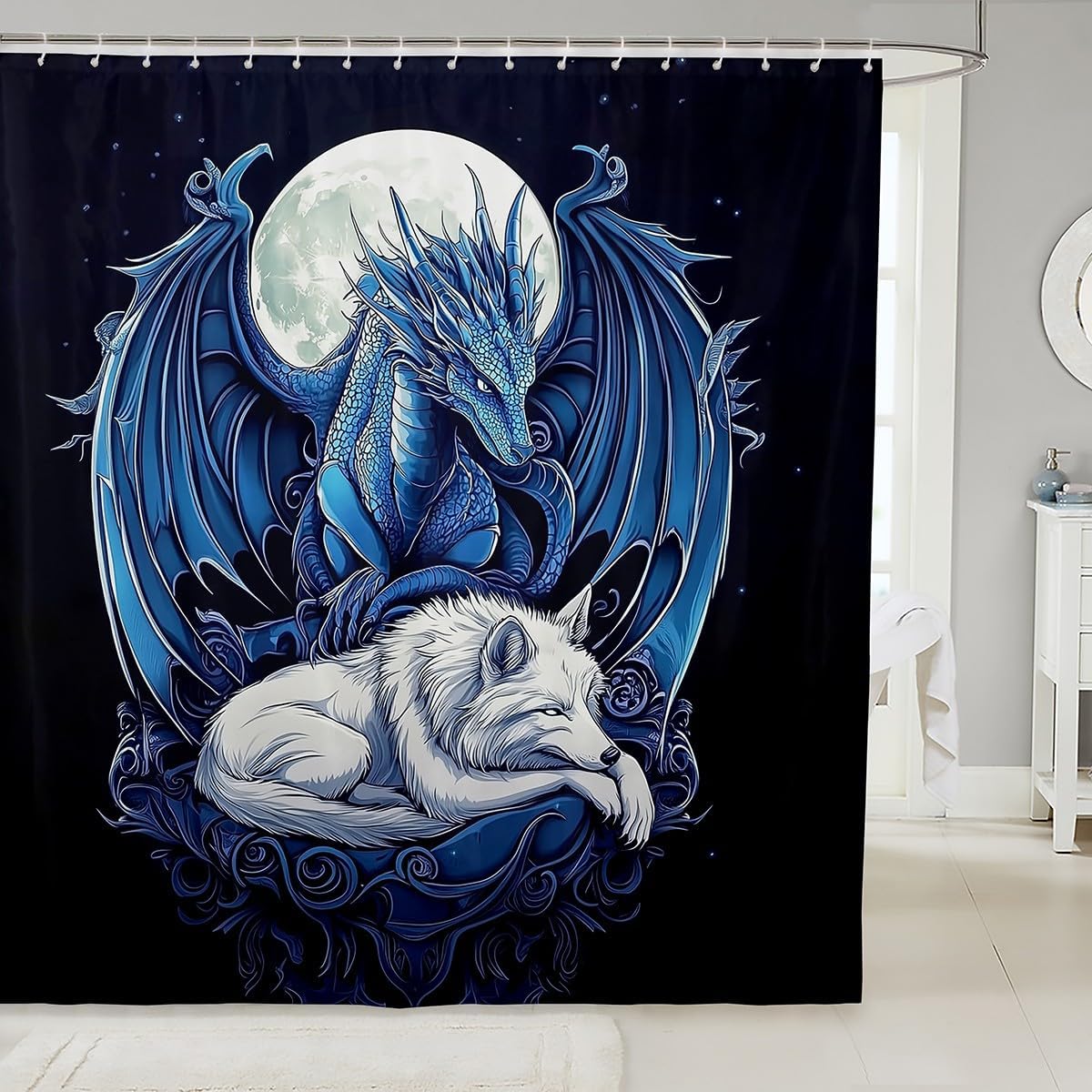 Erosebridal Dragon Shower Curtain 72 X 84 Inch, Wolf Animals Bath Curtain, Tribal Exotic Wildlife Waterproof Bathroom Accessories for Washroom, Black Blue