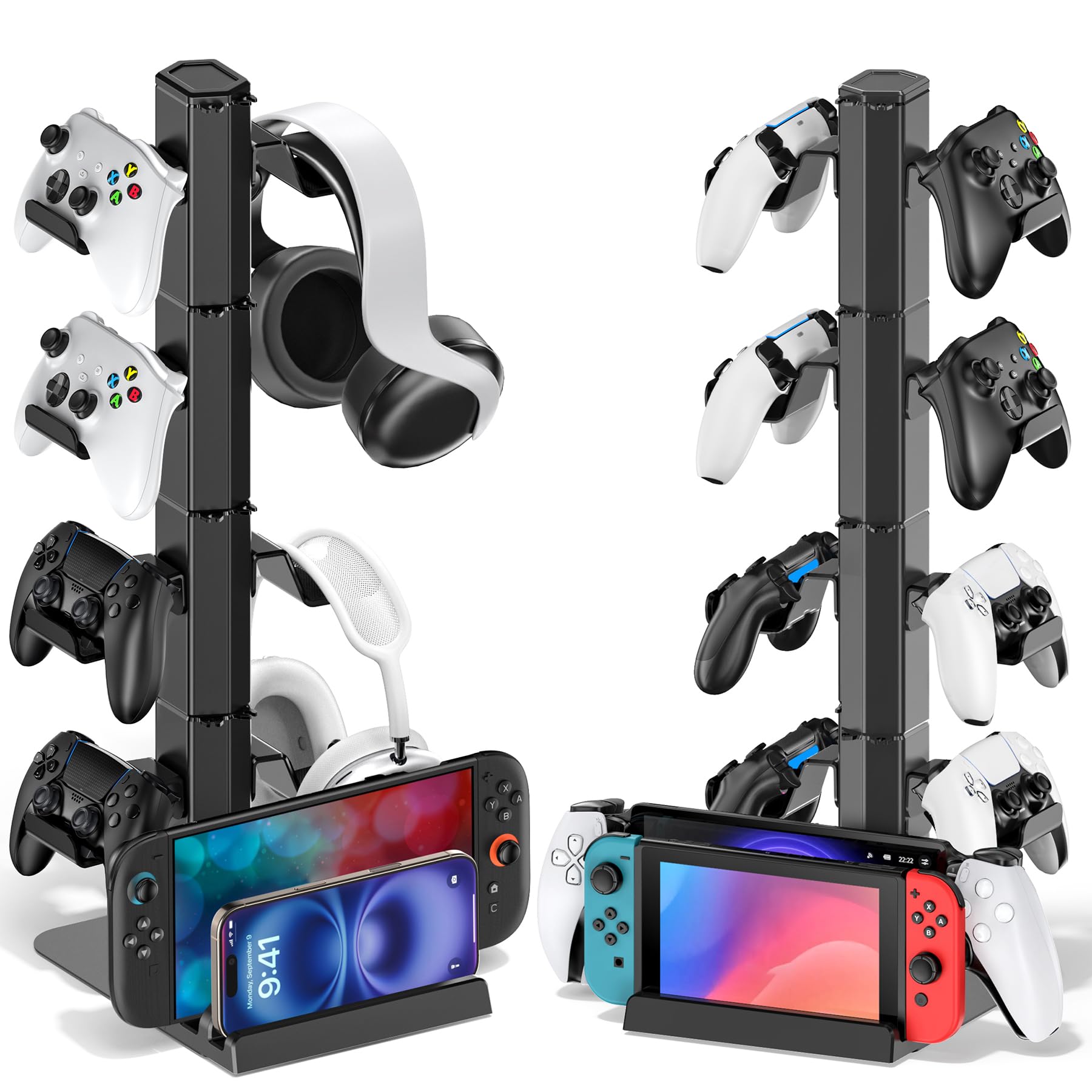 Supporto per Cuffie e Controller, 4 Gancio Rimovibile Porta Controller PS5 con Organizer per Cavi, Scatola Portaoggetti Accessori Gaming per PS5/Xbox/Switch, Porta Cuffie da Scrivania Accessori PS5