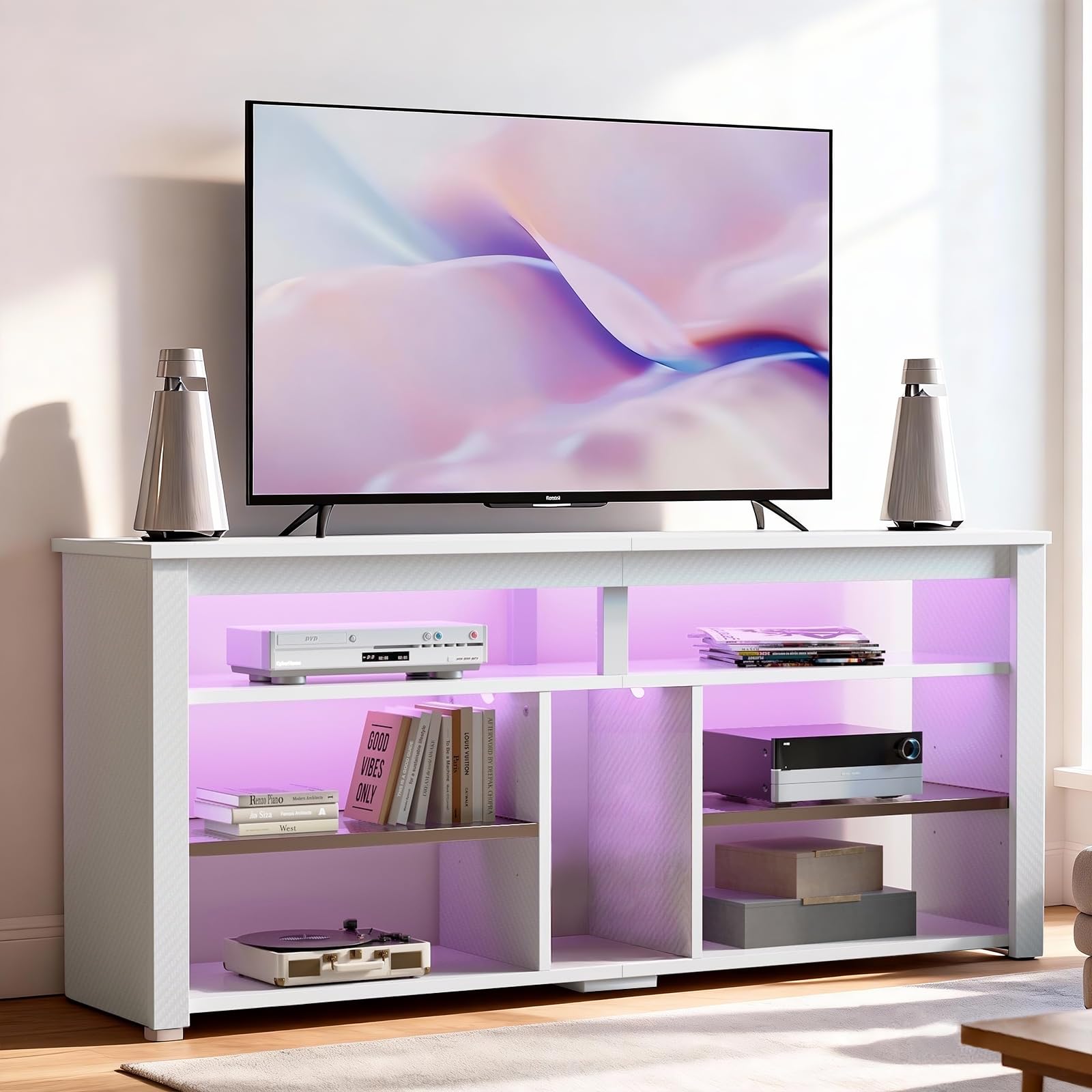 Bestier 140CM LED TV Cabinet 55-65 Inch LED TV Stand with Storage for PS4/Xbox, Adjustable Shelves Entertainment Centre, Tall Modern Media Console for Living Room (white)