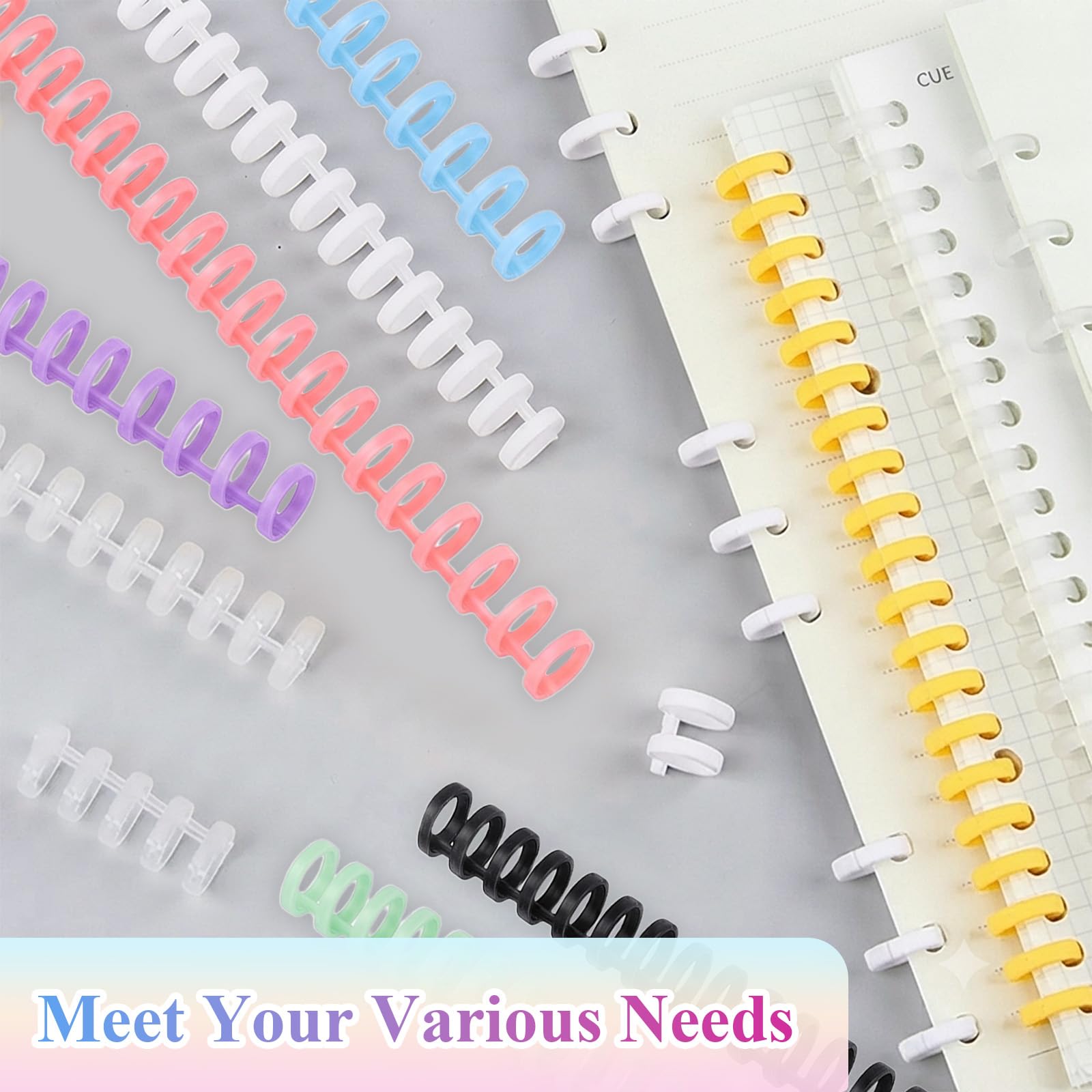 Dorsi a pettine per rilegatura, 30 anelli da 1,3 cm di diametro, spirali in plastica, dorso 3:1, per documenti e quaderni, capacità 85 fogli, 8 colori