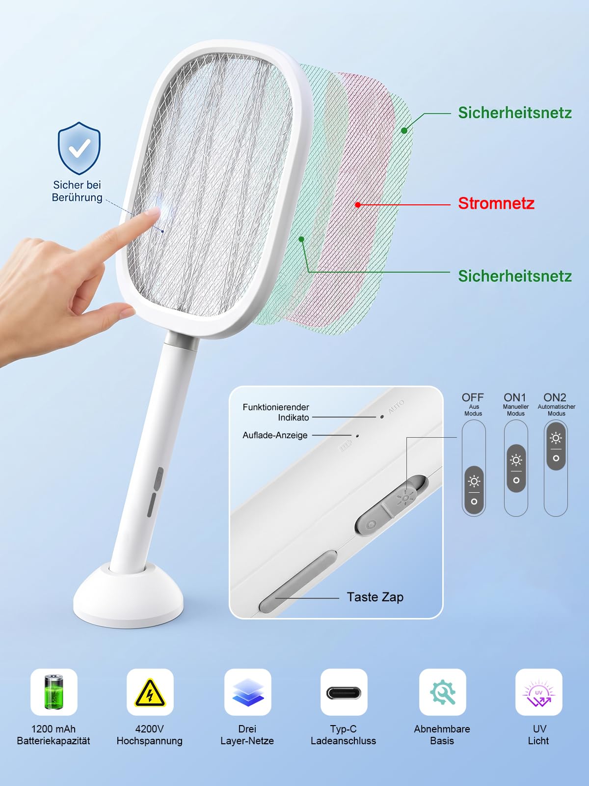 Elektrische Mückenklatsche 2-in-1 – Ausziehbarer Teleskop-Griff für Decken, 4200V Fliegenklatsche Elektrisch mit UV Lichtfalle, Klappbar mit Standfuß für Mücken & Motten