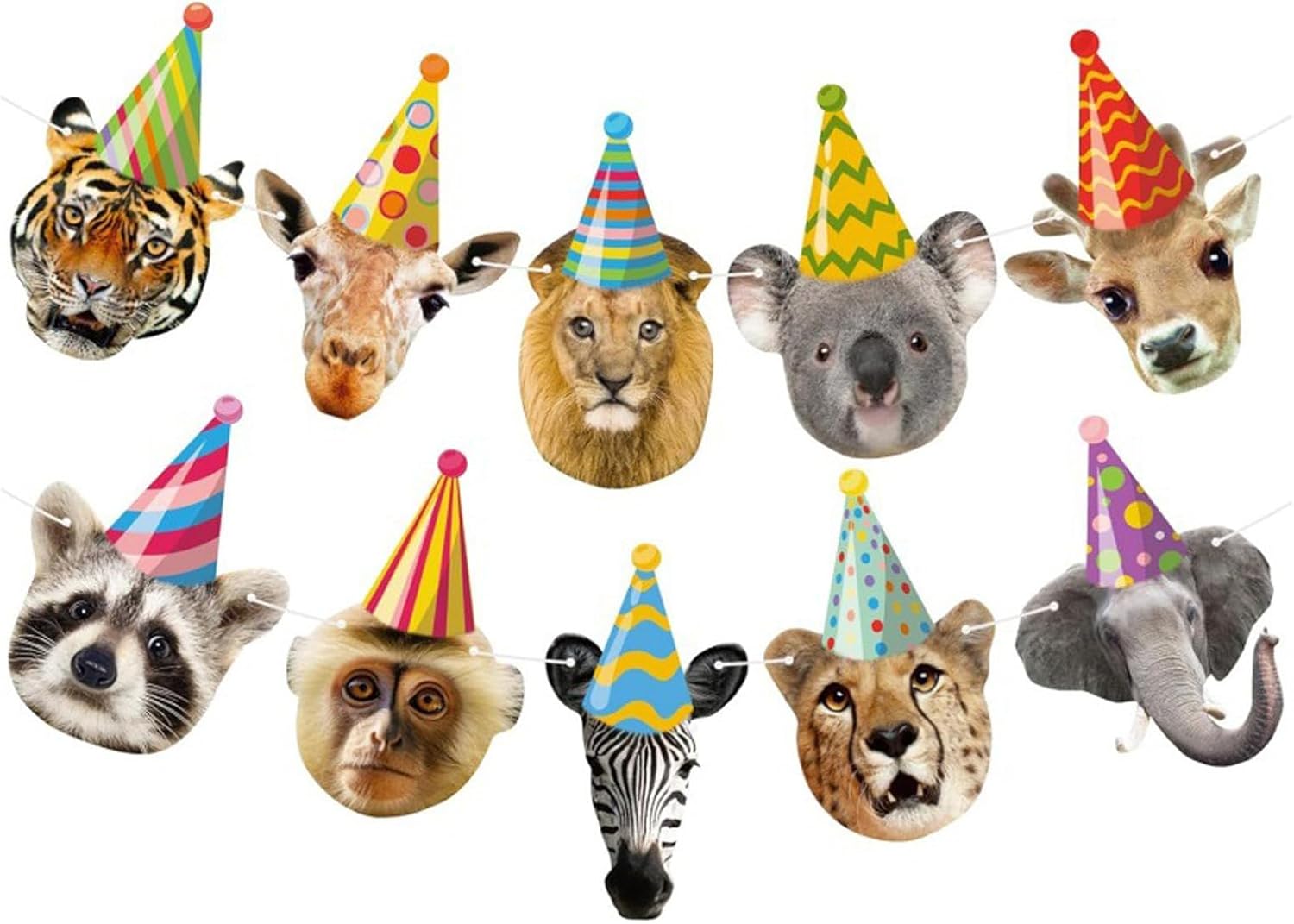 Safari Animals Happy Birthday Banner – Jungle Zoo Animal Decorations with 10 Safari Characters and Ribbon – Forest Theme Party Supplies for Kids Birthday, Wild Jungle Baby Shower, Zoo Party Decor