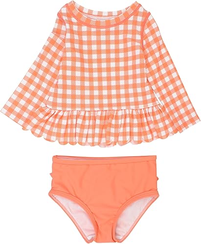 RuffleButts Baby/Toddler Girls Scalloped Long Sleeve Rash Guard 2-Piece UPF50+ Sun Protected Swimsuit - Coral Gingham, 3T