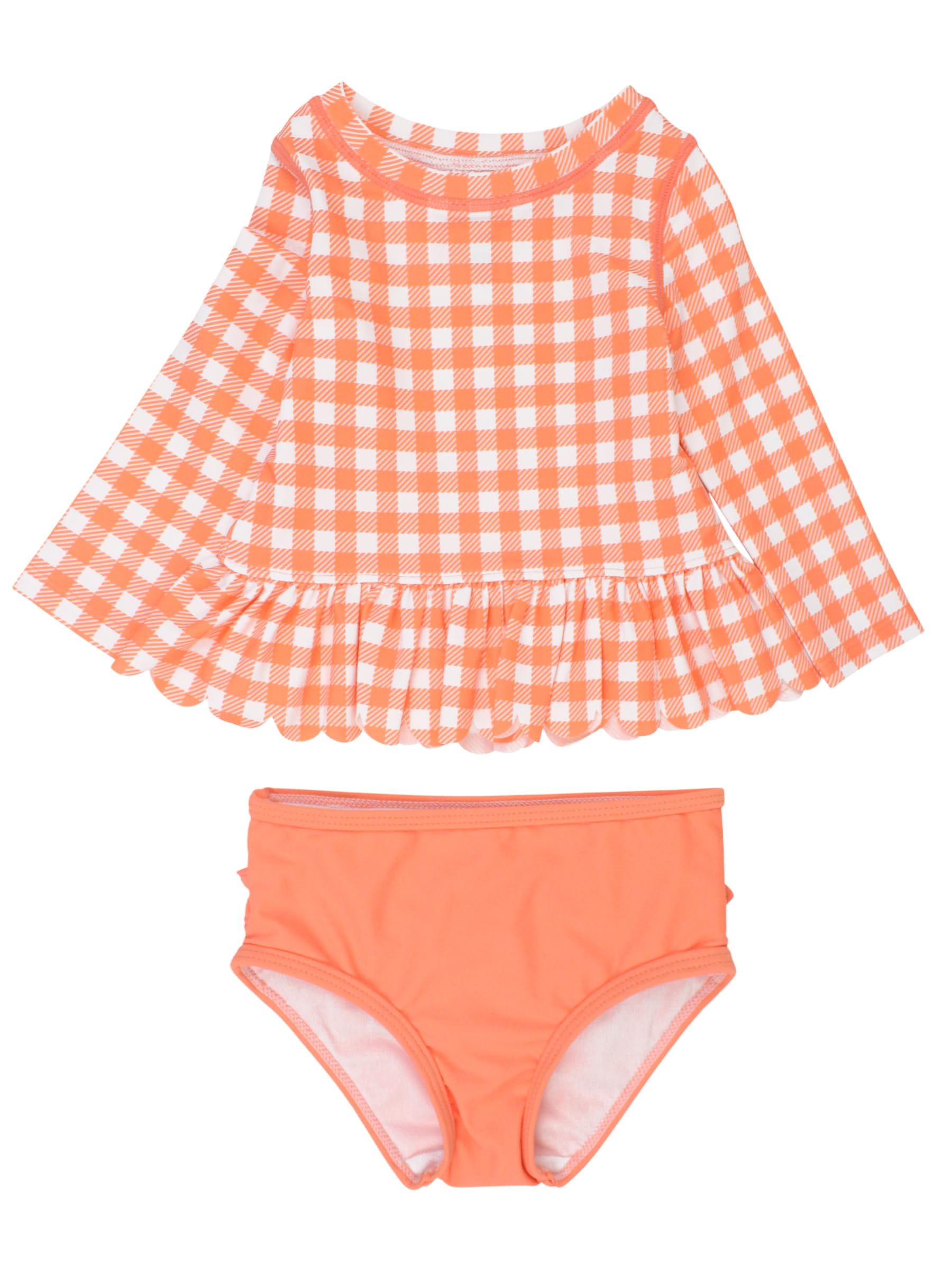 RuffleButts Girls Scalloped Long Sleeve - 2-Piece Rash Guard Swim UPF 50+