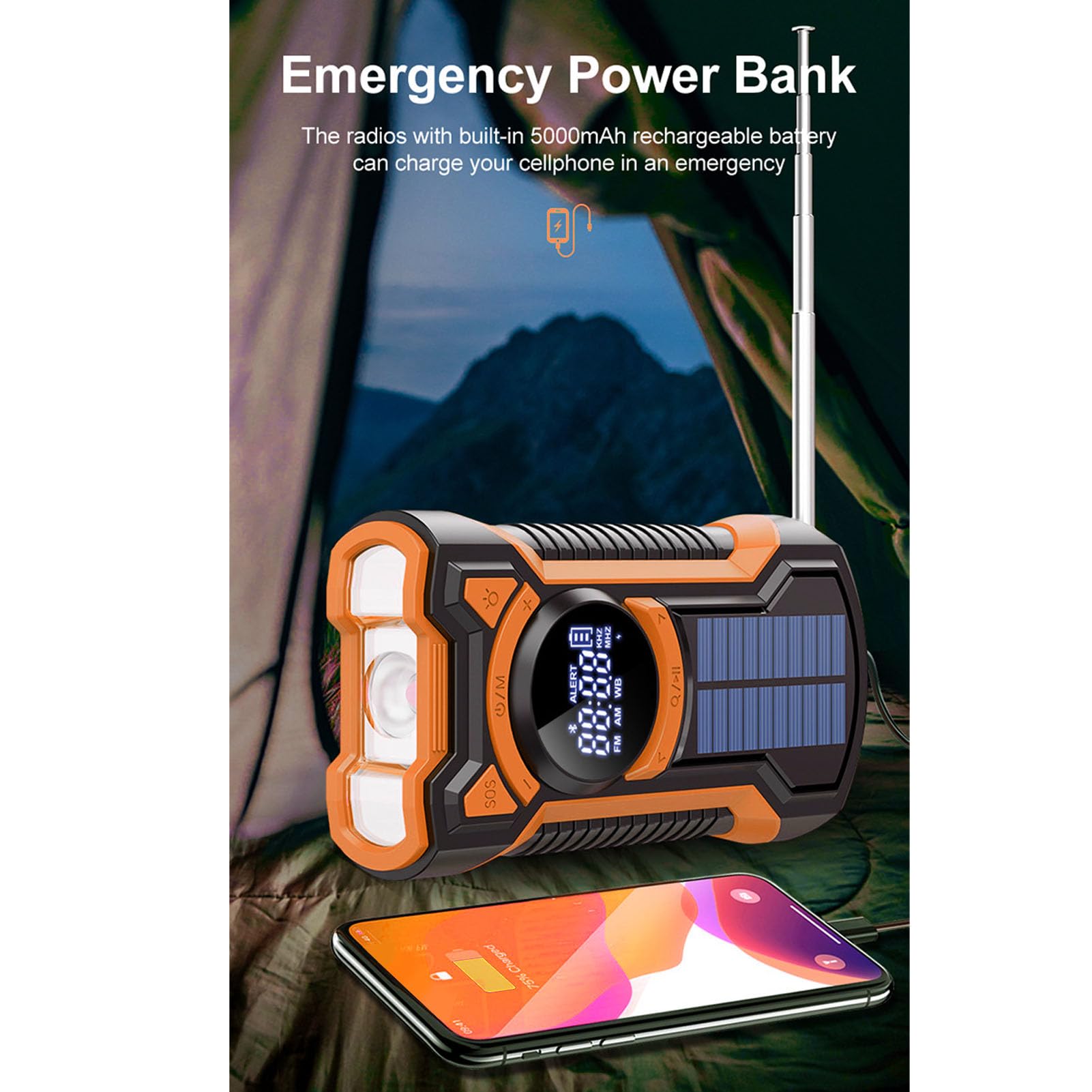 Radio de Emergencia 5000mAh Radio Meteorológica NOAA Am FM WB con Manivela Solar, Linterna LED SOS y Cargador de Teléfono, Radio Portátil a Prueba de Agua IPX5, Bluetooth 5.3 para