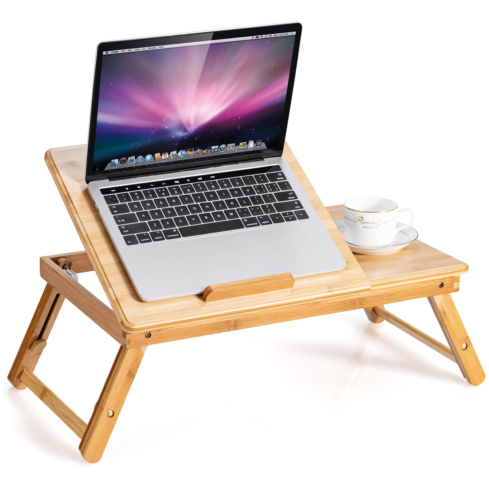 Tangkula 100% Bamboo Laptop Desk with Tilting Top & Drawer, Height Adjustable Portable Breakfast Serving Bed Tray with Heat-Dissipation Holes, Folding Bed Table for Surfing Reading Writing Eating