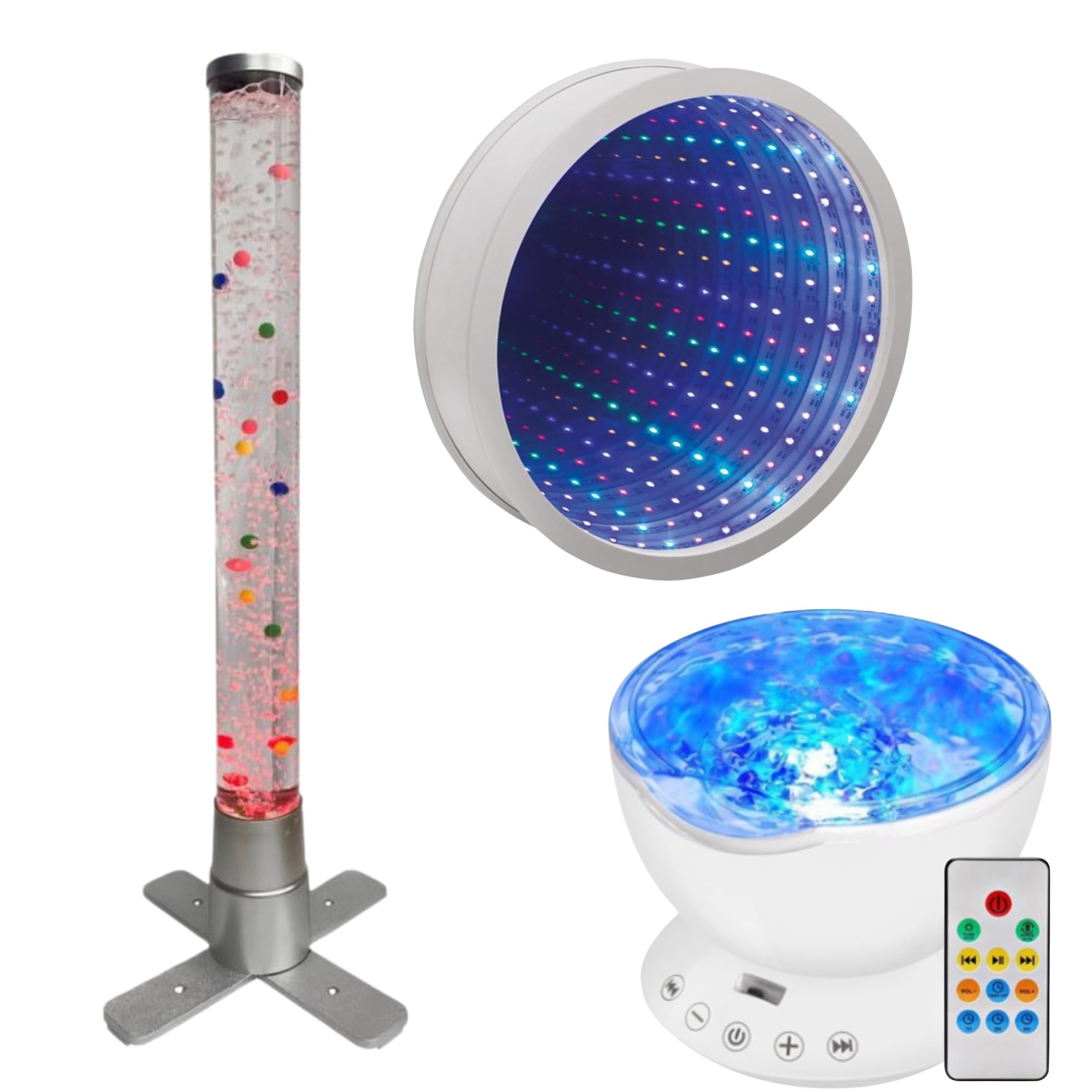 Playlearn Sensory Light 60cm Table Top Bead Bubble Tube Colour Changing, 23cm Infinity Mirror Calming Visual Effect, 13cm Ocean Wave Projector Lamp for Office,Living Room & Bedroom Home Decor