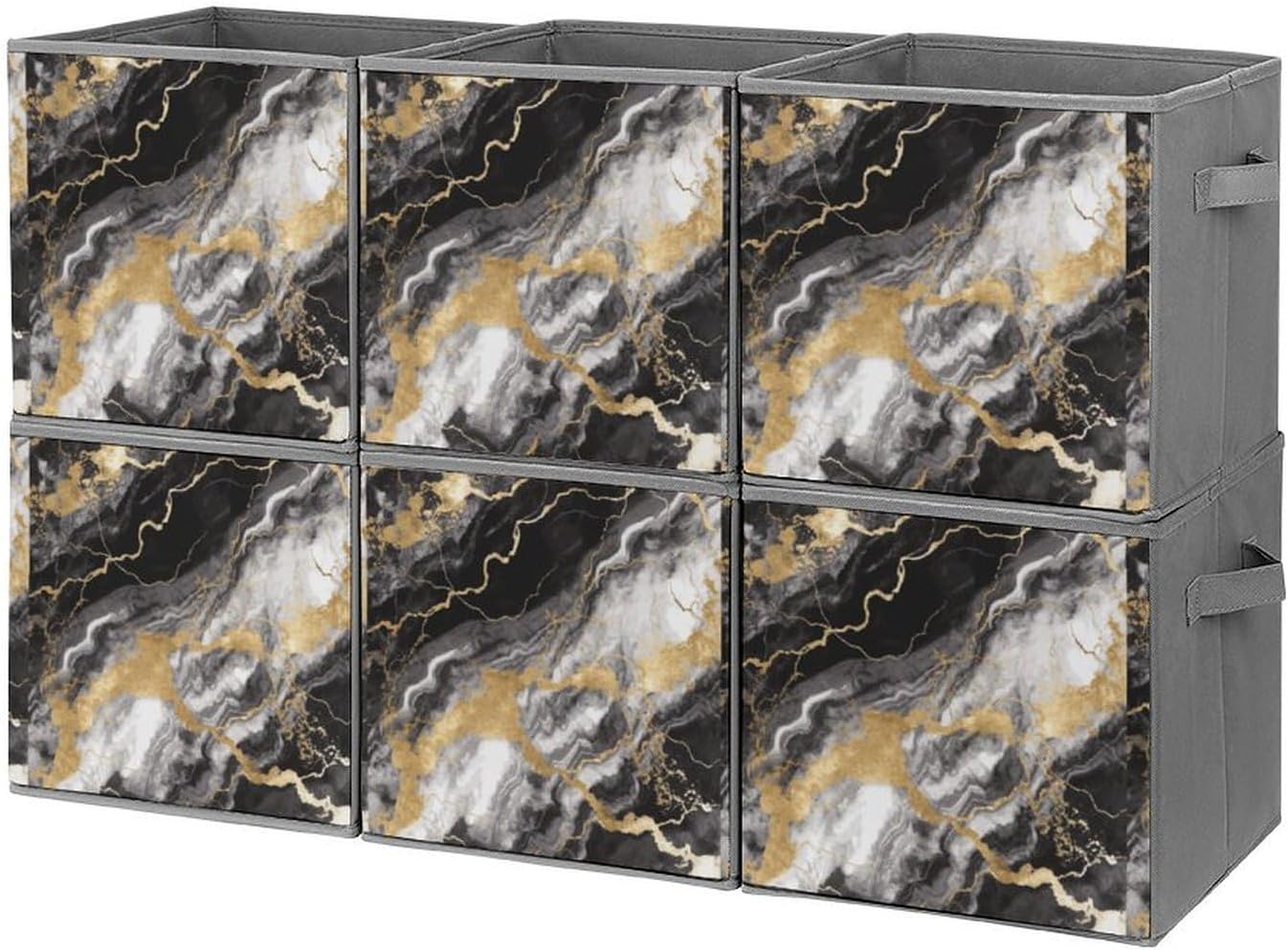 Black White Gold Foil Marble Storage Cubes Set of 6 Storage Bins with Handles Collapsible Storage Basket Fabric Storage Box for Shelves Large Closet Shelf Organizer for Organization 11 Inch