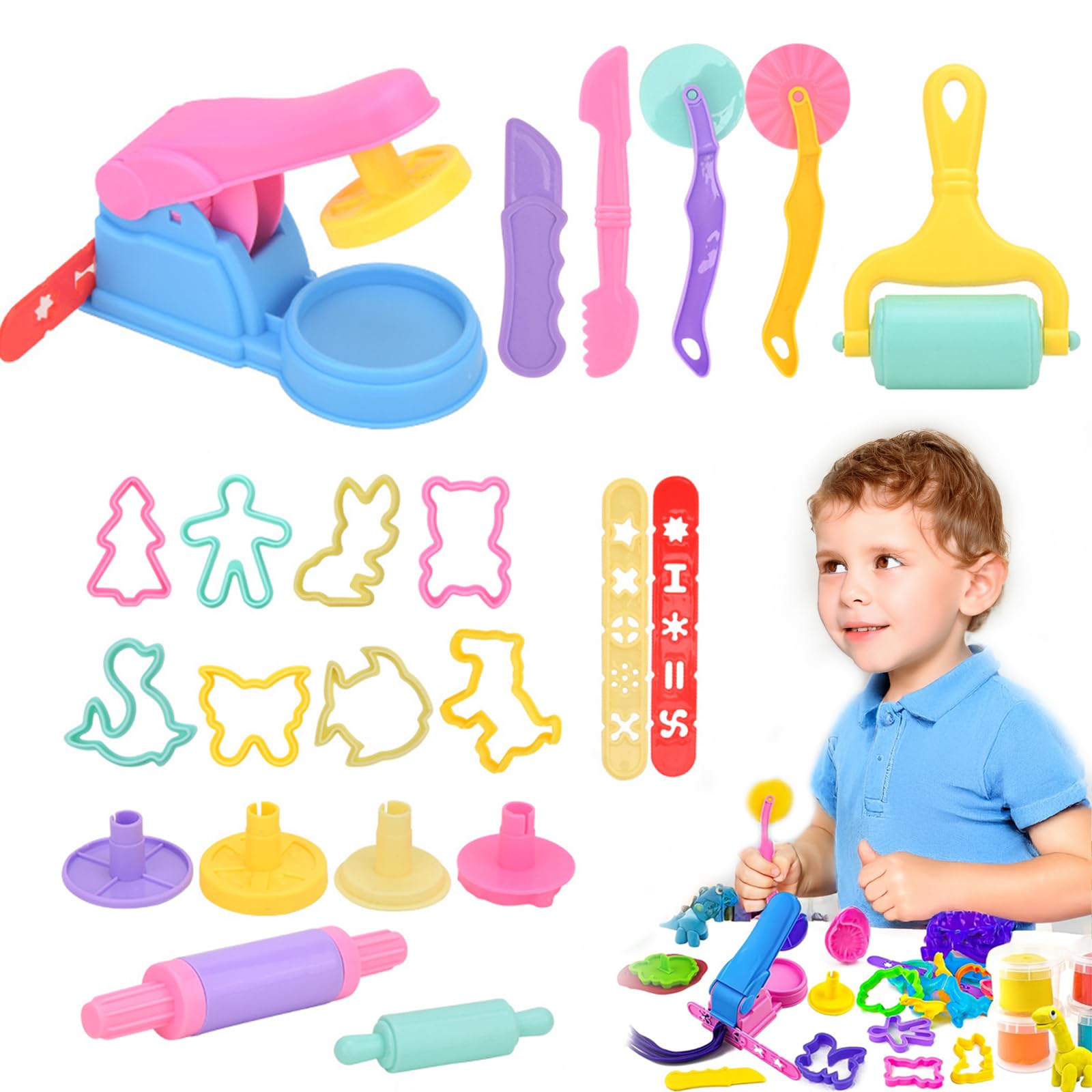 Clay Dough Tools Set – 22 PCS Creative Dough Tools Accessories Kit for Kids, Colourful Cutters, Rollers, Moulds & Presses for Cutting, Shaping & Moulding, Safe Arts & Crafts Gift Set for Children