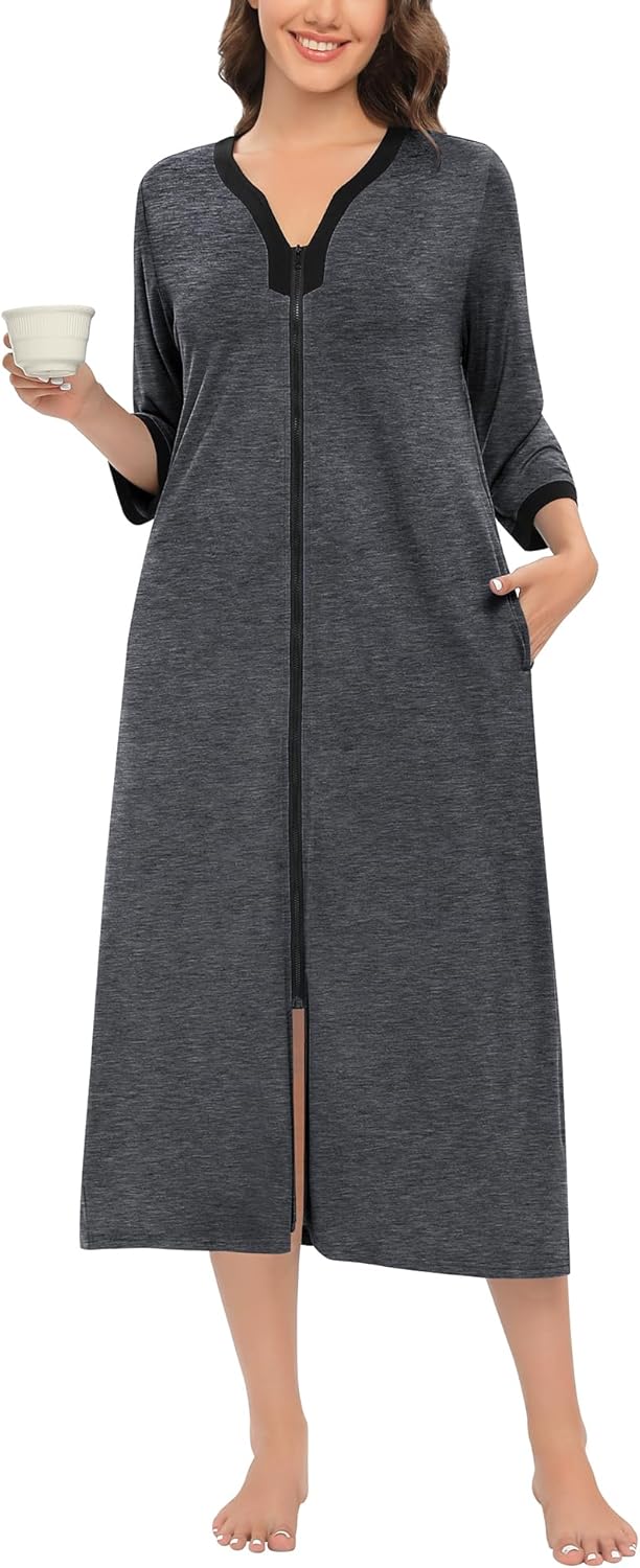 SWOMOG Women Zipper Robe Long Housecoat Zip Up Bathrobes Full Length Nightgown Loungewear with Pockets S-3XL - Image 3