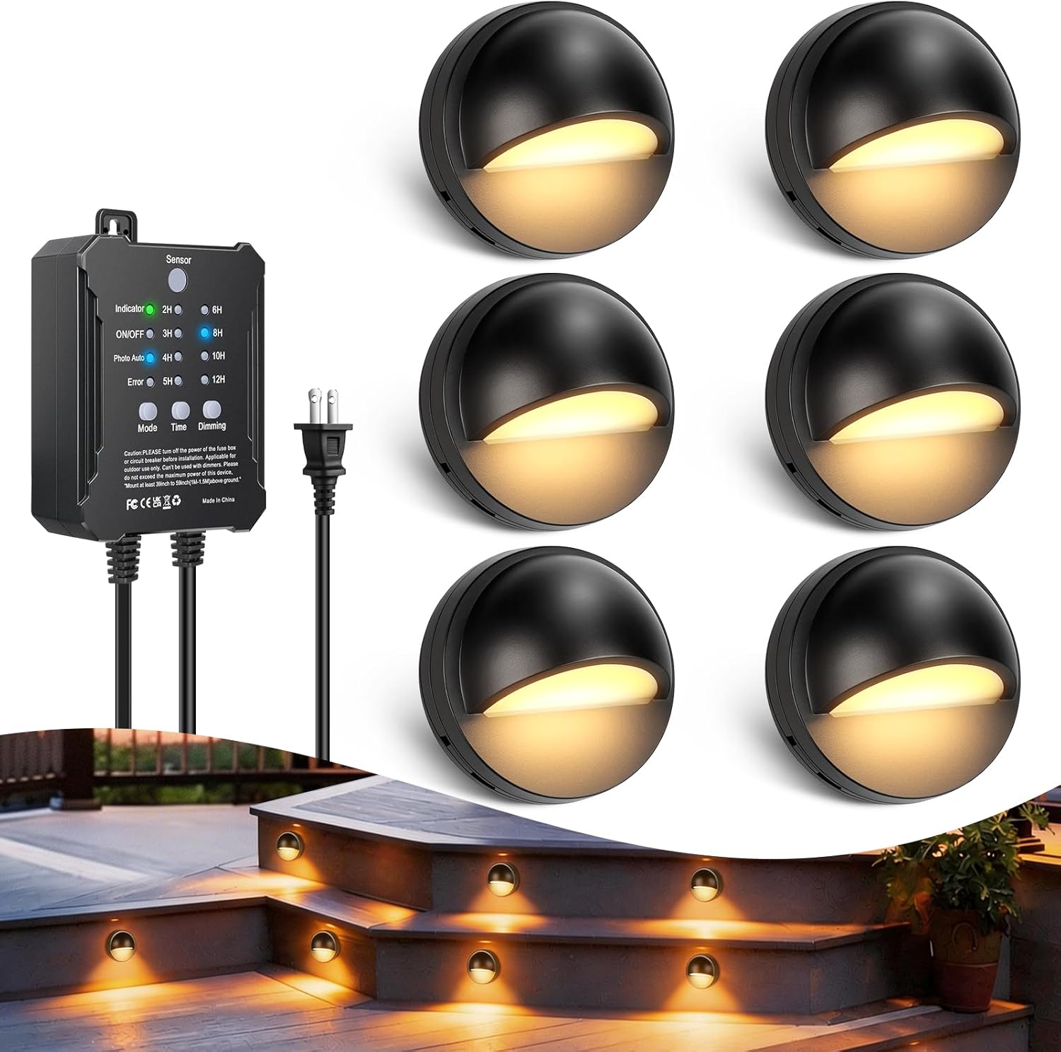 Low Voltage LED Deck Lights Kit with Transformer Timer, Dusk-to-Dawn Outdoor Step Lights Waterproof IP67, Warm White, Surface Mount Stair Lights for Deck, Patio, Railing, Fence (6 Pack)