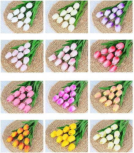 Miniatura 9 de Tulipanes falsos de poliuretano, flores artificiales de tacto real, 10 piezas de tulipanes simulados, jarrón de flores en maceta, altura de 13.39