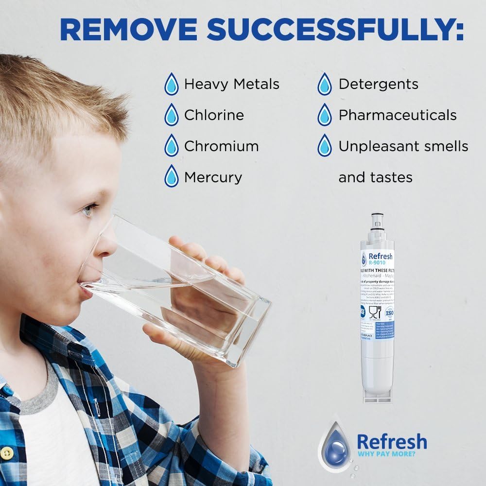 Child drinking water with list of contaminants removed by Refresh filter