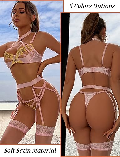 Miniatura 5 de Aranmei Conjunto de lencería sexy de encaje de satén bordado con aros y brasier push up para mujer