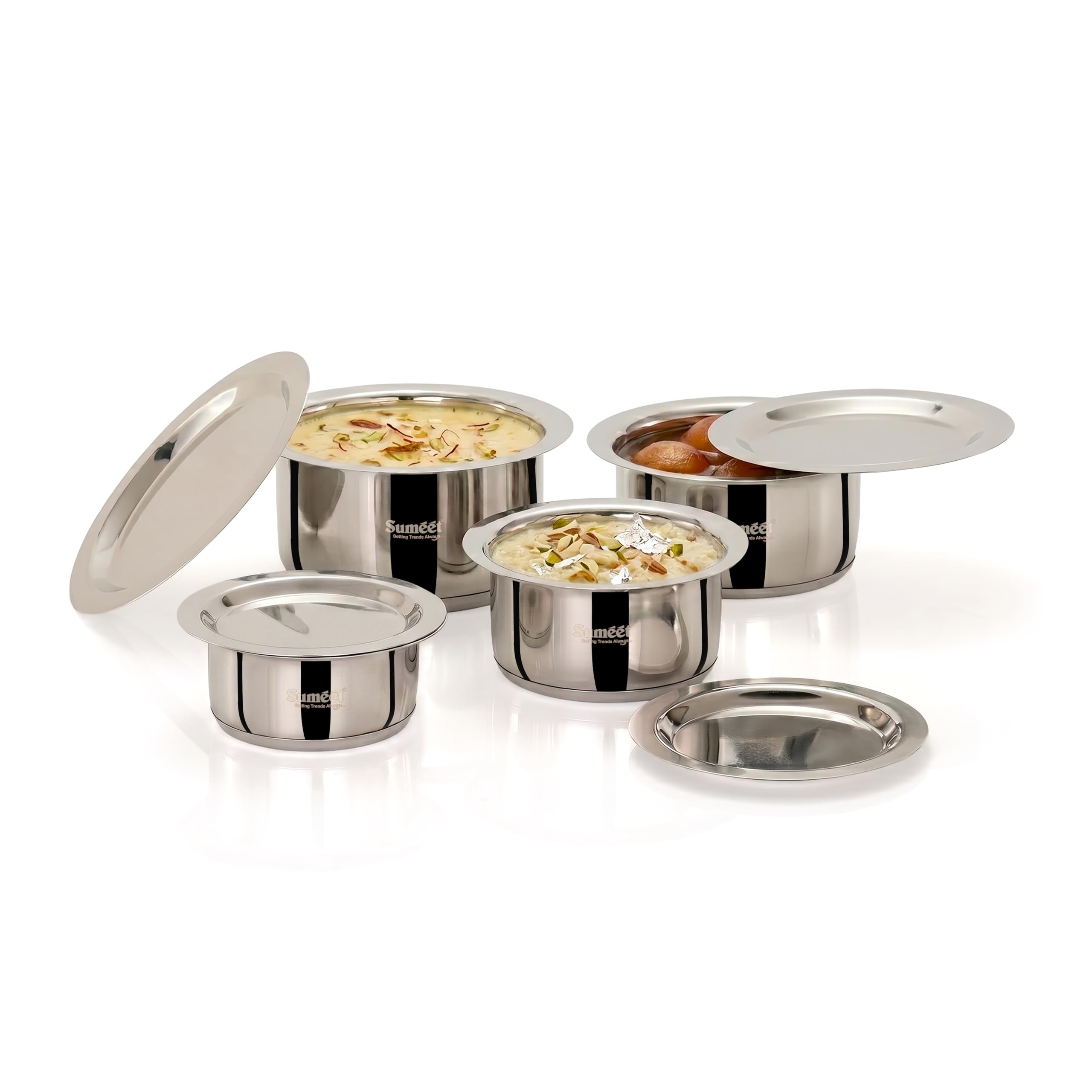 Sumeet ISI Certified Induction Bottom (Encapsulated Bottom) Induction & Gas Stove Friendly Small Container Set/Tope/Cookware Set of 4Pcs with Lid - 350ml, 550ml, 750ml, 950ml - Silver-image-31