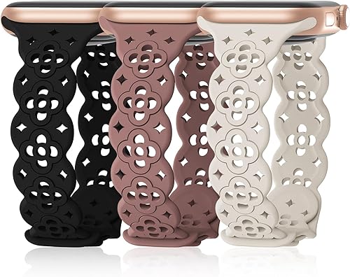 Paquete de 3 correas de silicona florales compatibles con Apple Watch de 1.496 pulgadas, 1.575 pulgadas, 1.614 pulgadas, 1.732 pulgadas, 1.772