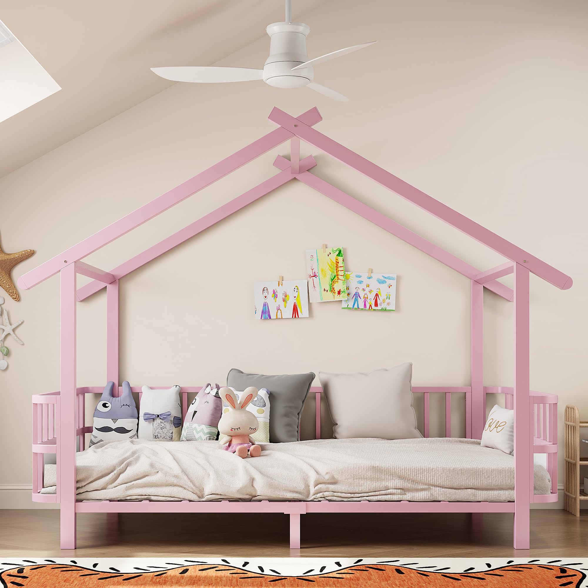 Merax Kinderbett aus Metall in Hausform 90x200 cm mit Sicherheitsgitter & Dachdesign – Rosa (Ohne Matratze)
