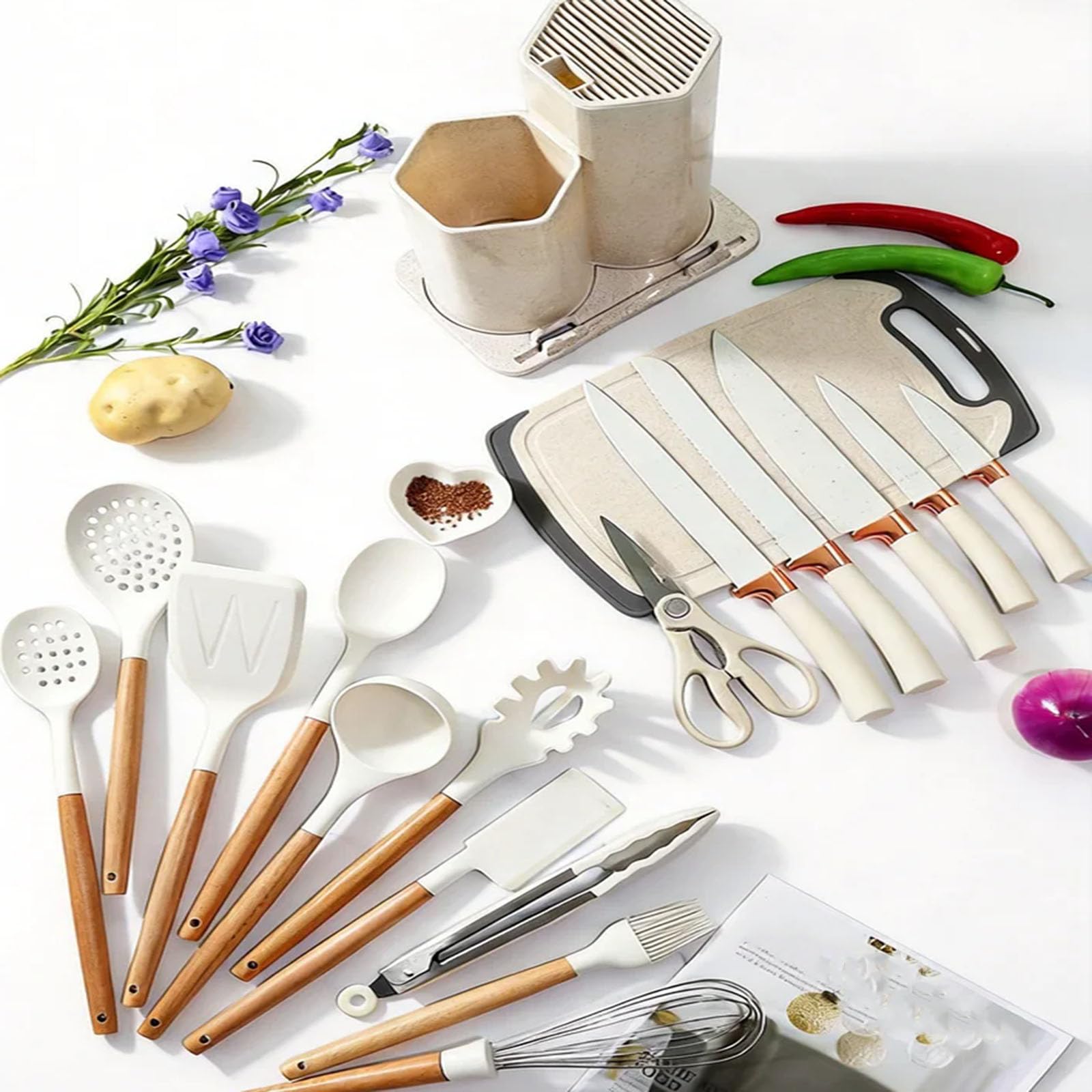 Küchenutensilien Set Küchenhelfer Set Küchenmesser Set 19 Teiliges Silikon Küchenhelfer Set Mit 12 Kochutensilien,5 Messern,Schneidebrett Und Halter,Spülmaschinengeeignet