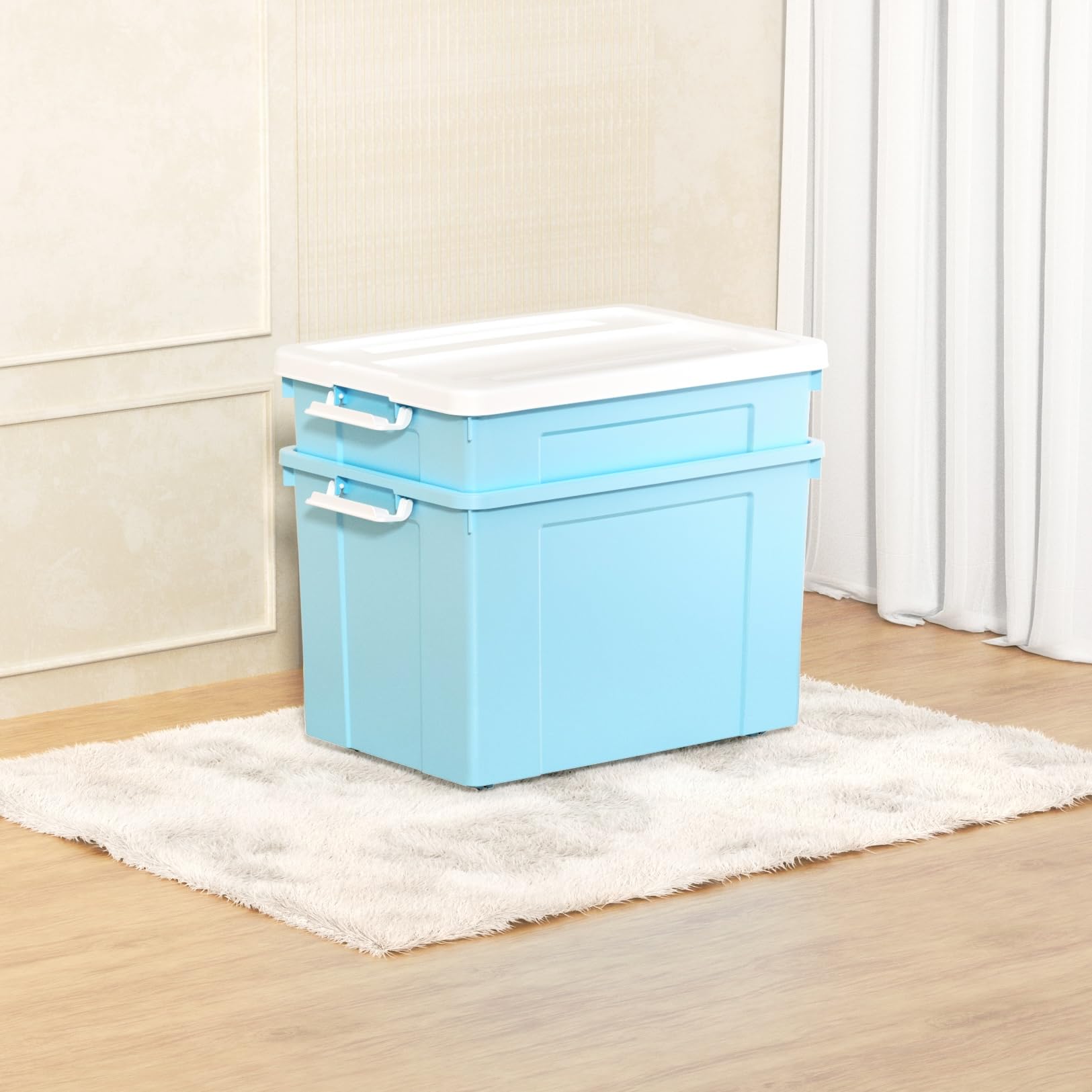 Cetomo 90L*6 Scatole di Stoccaggio in Plastica, Scatole Portaoggetti con Coperchio, Organizzatore con Ruote, Contenitori per Casa e Ufficio, Impilabile, Resistente, Blu, 90L - Confezione da 6