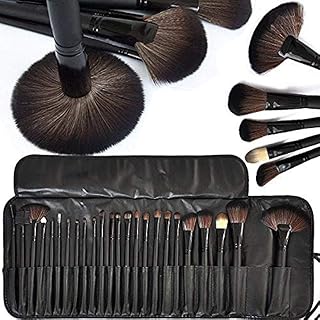 MACPLUS Fiber Bristle Makeup Brush Set with Black Leather Case- BLACK, 24 Pieces