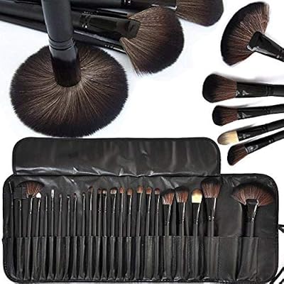 MACPLUS Fiber Bristle Makeup Brush Set with Black Leather Case- BLACK, 24 Pieces