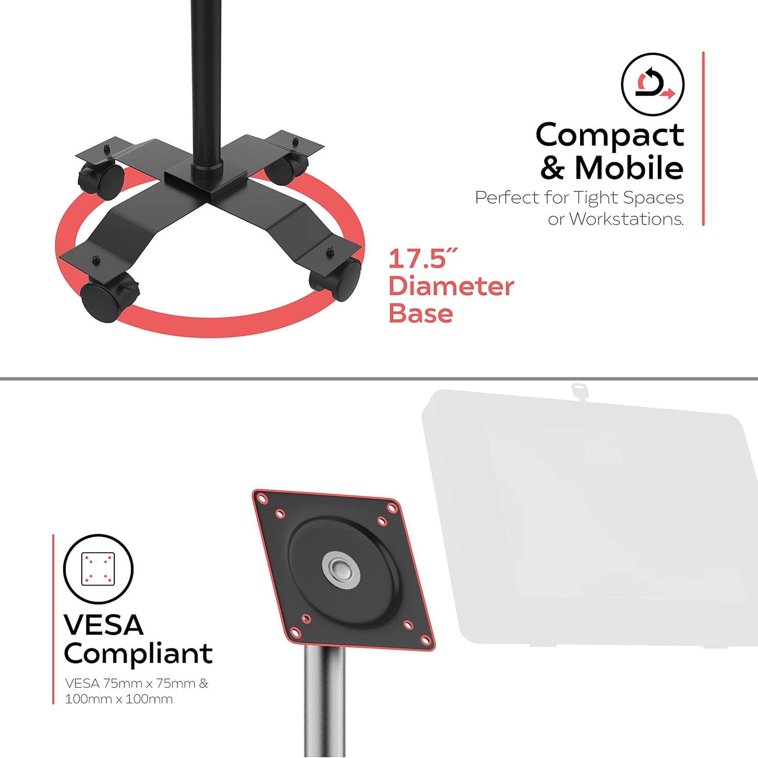 VESA Rolling Stand - CTA VESA-Compatible, Height-Adjustable Rolling Floor Stand for Medical Offices, Labs, Classrooms, and More - Black - (PAD-CGSVP)